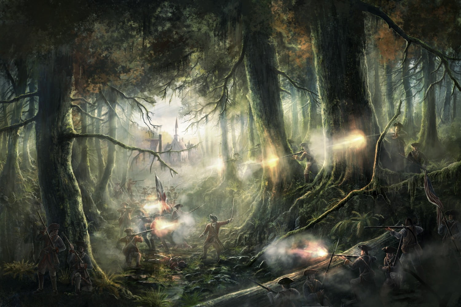 trees, 720P, branch, light, scenics - nature, leafed, non-urban scene, illuminated, tree trunk, war, green, streaming, water, tranquil scene, fog, people, HD Wallpaper