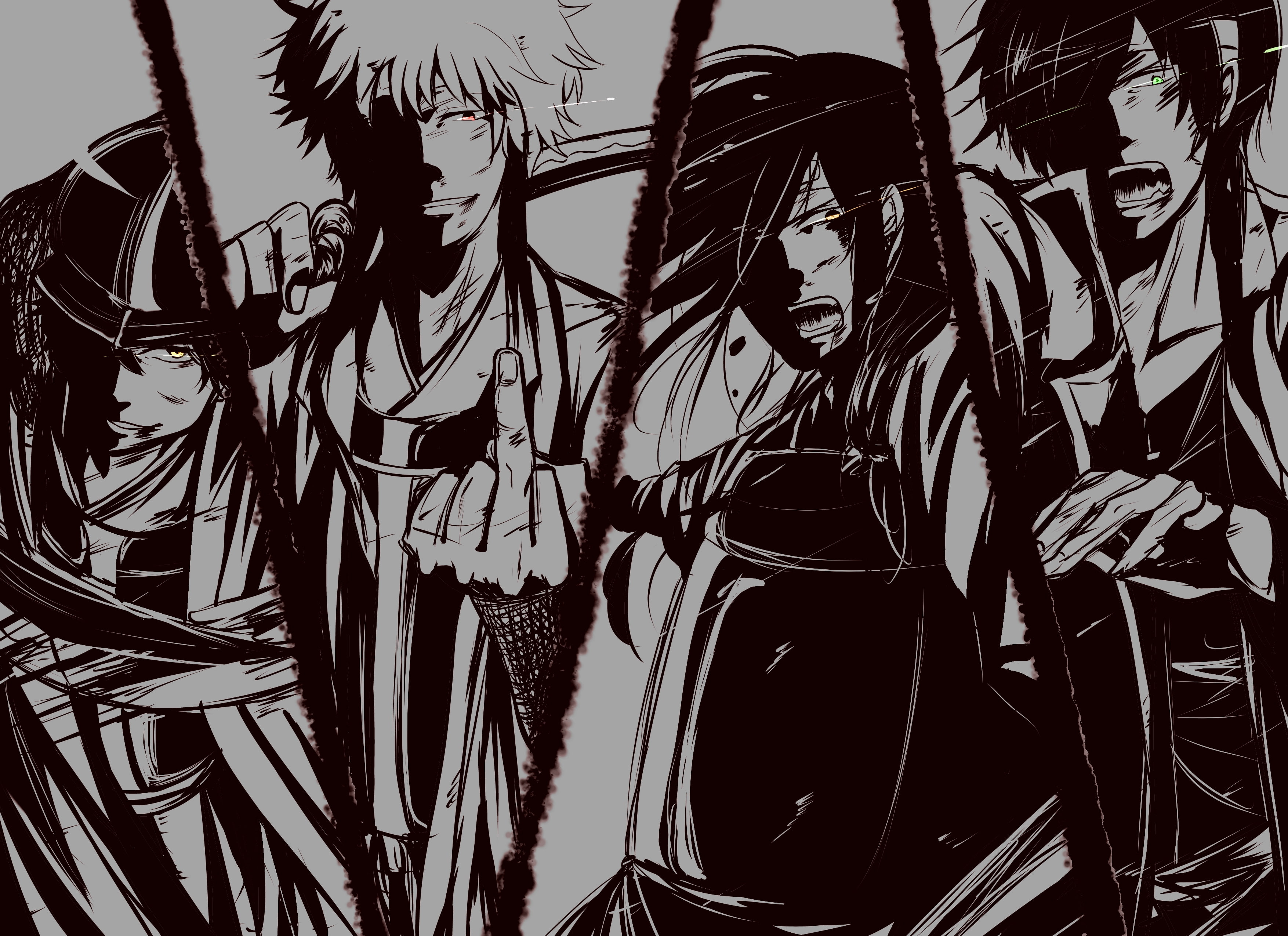 arts culture and entertainment, Gintama, Sakata Gintoki, full frame, Tatsuma Sakamoto, backgrounds, feather, pattern, close-up, human representation, black color, HD Wallpaper