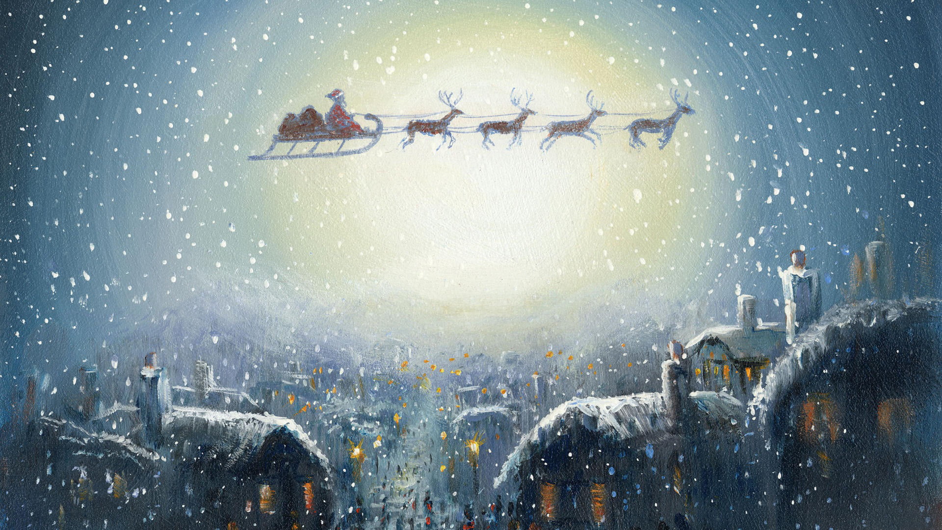 blue, people, illustration, team, nature, music festival, holiday, deer, winter, snow, abstract, built structure, Santa Claus, city, flying, painting, riding, HD Wallpaper