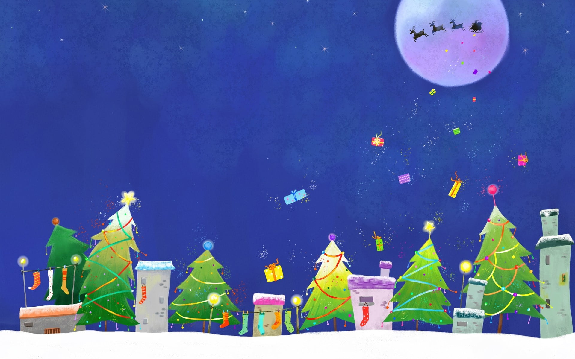 built structure, houses, vector, Santa Claus, green, palm, celebration, christmas Decoration, greeting Card, garland, snowflake, sky, architecture, the moon, HD Wallpaper
