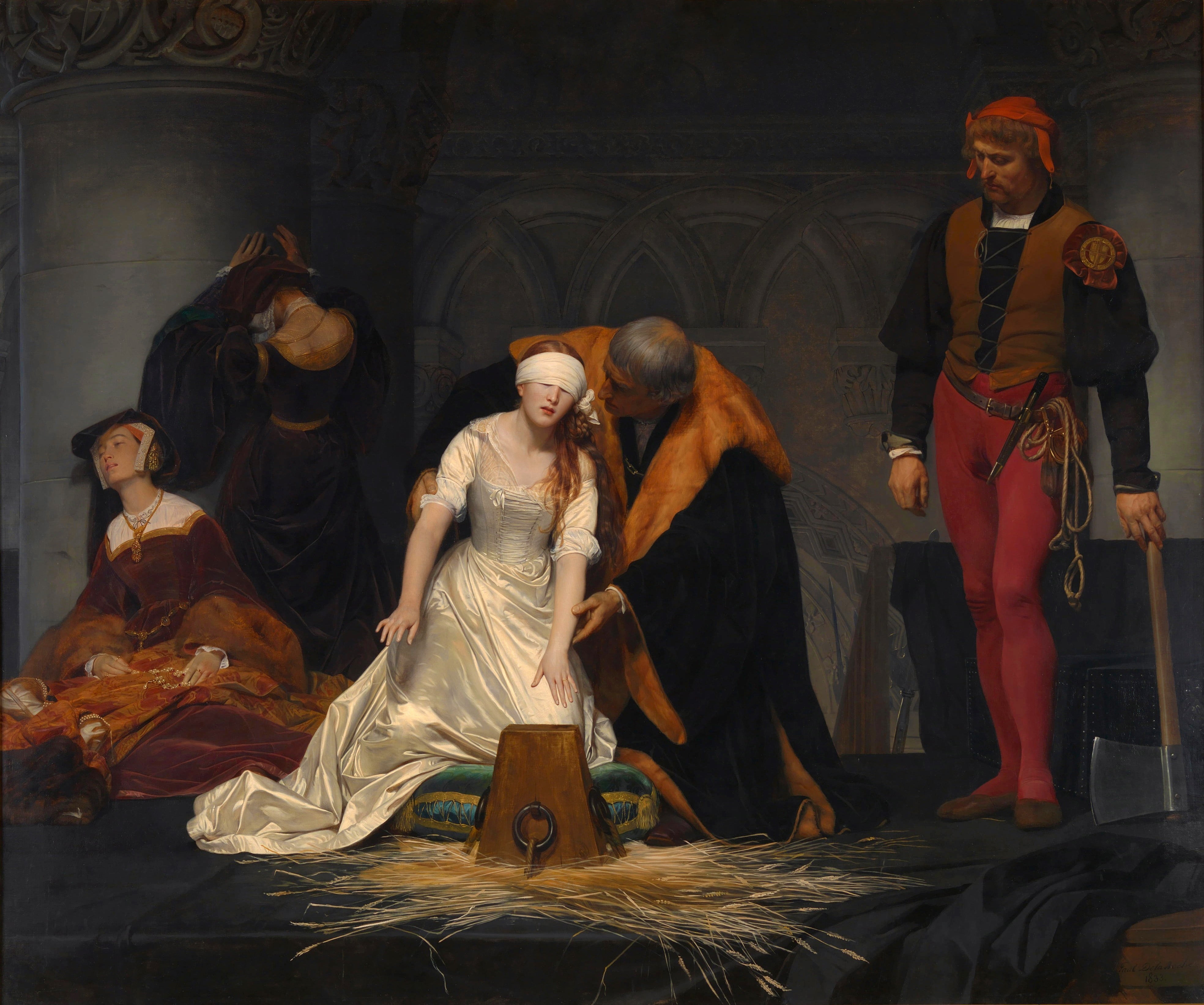 group of people, Le supplice de Jane Grey, indoors, sitting, spirituality, history, group, people, adult, religion, men, art and craft, dress, belief, human representation, HD Wallpaper