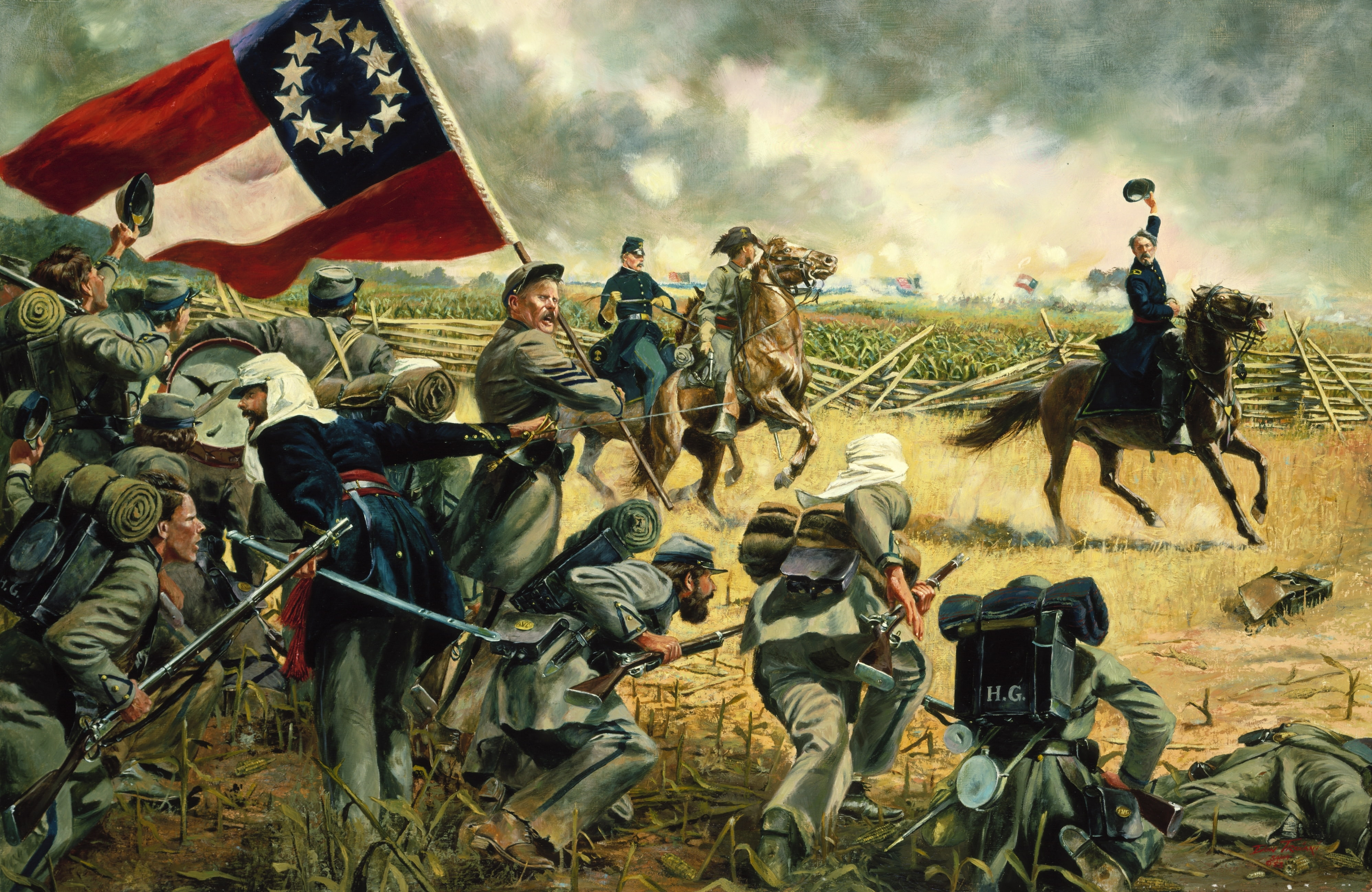 painting, group of people, outdoors, war, large group of people, 4K, military, sky, soldiers, Virginia -- July 21, The Fourth Alabama by Don Troiani, fighting, HD Wallpaper
