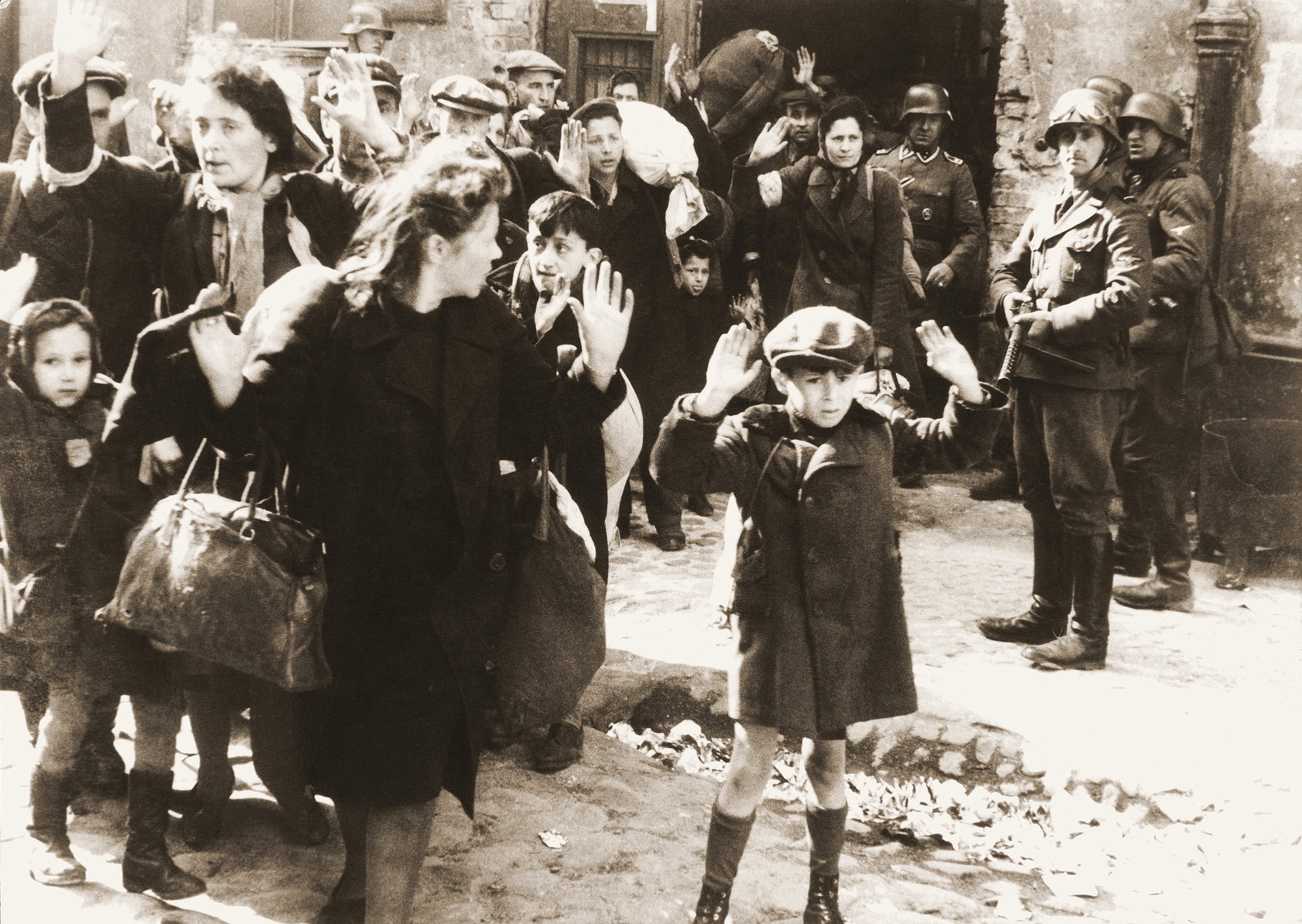 adult, black and white, 1943, architecture, people, occupation, ghetto, crowd, wwii, city, real people, lifestyles, raising, traditional clothing, spectator, HD Wallpaper