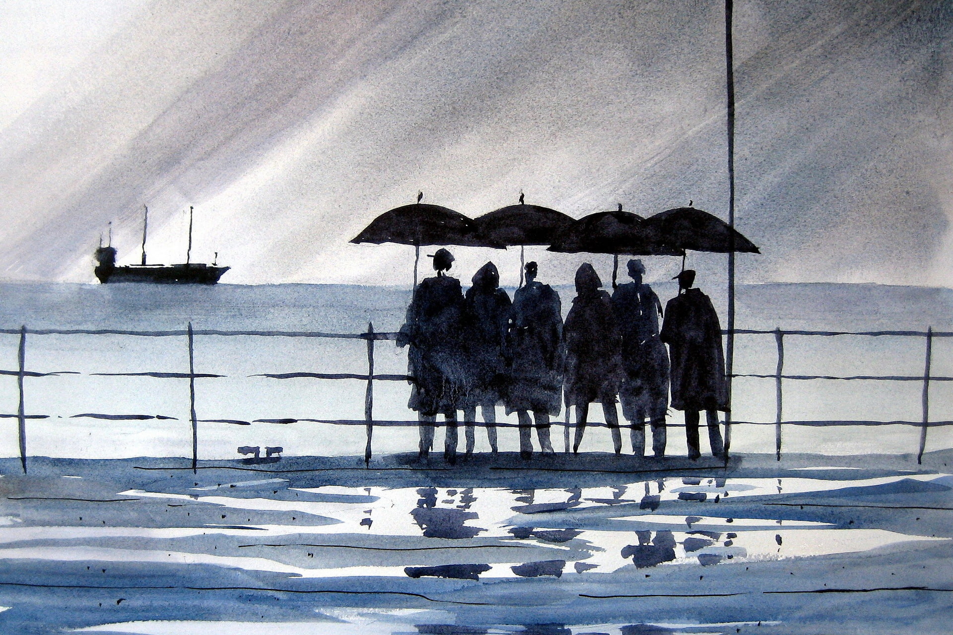 outdoors, crowd, water, group, day, group of people, 1080P, sky, watercolor, lifestyles, umbrella, holding, architecture, port, real people, men, painting, HD Wallpaper