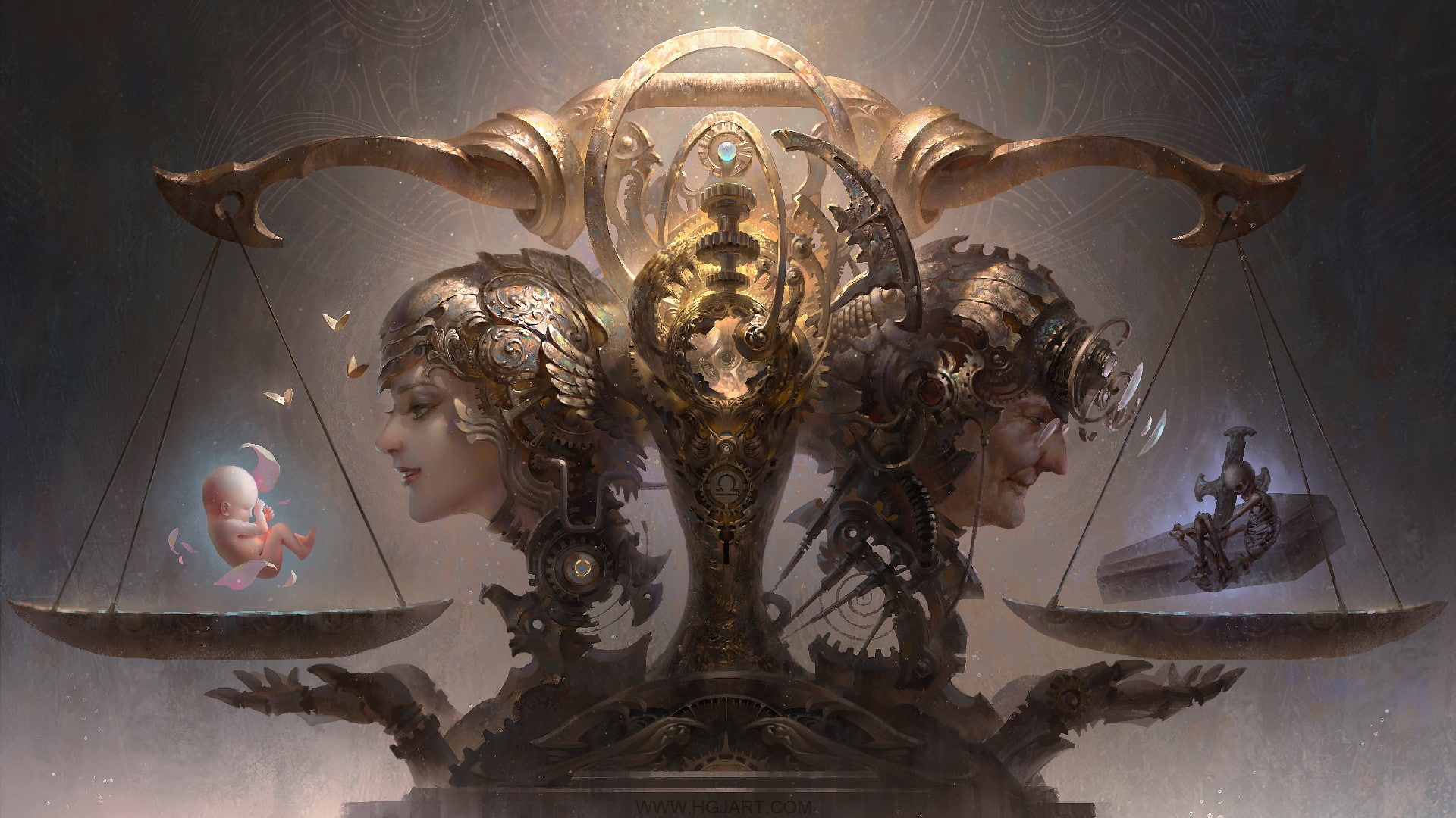 life, clockwork, artwork, digital art, death, 1080P, fantasy art, HD Wallpaper