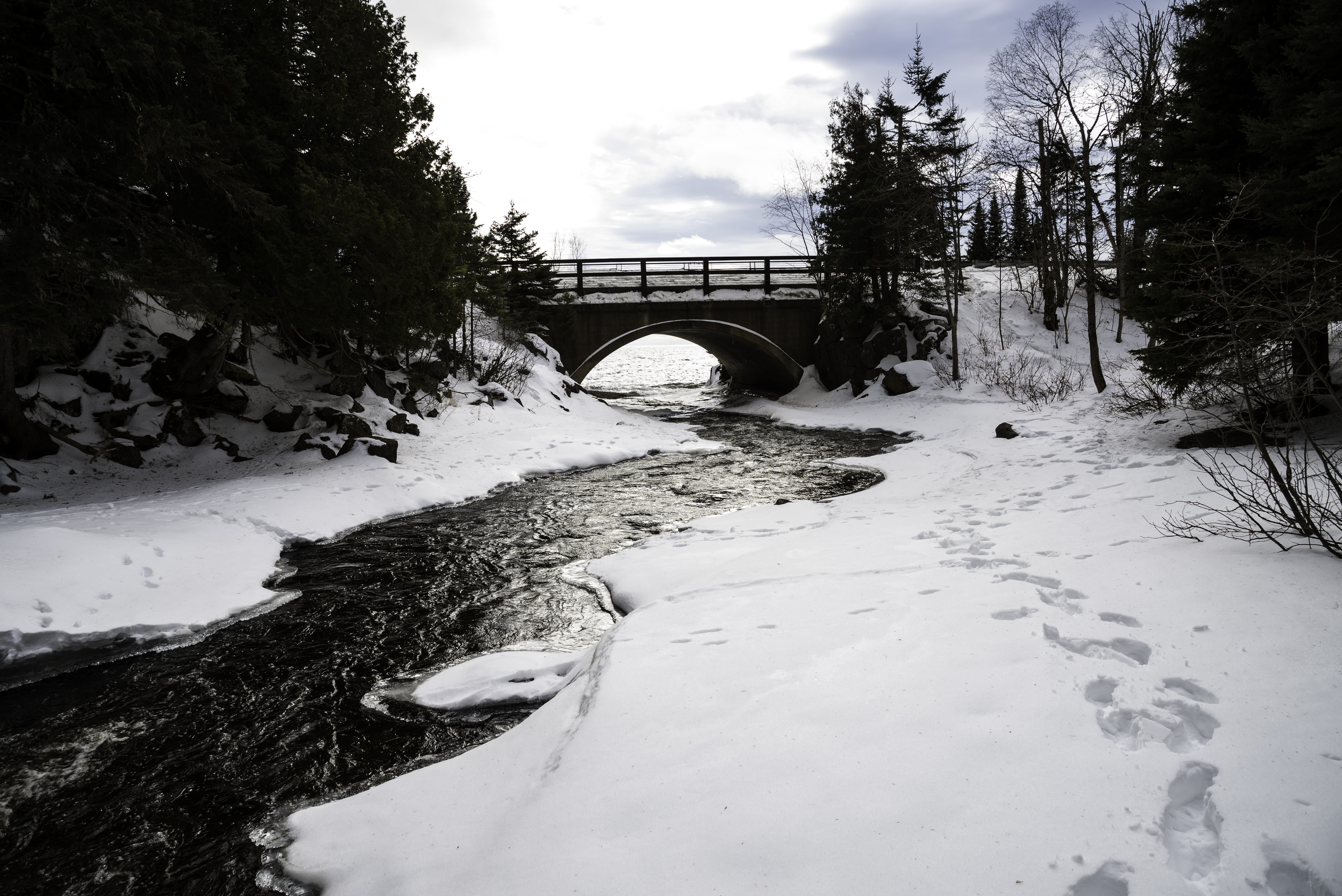 nature, sky, scenics, day, no People, plant, cold temperature, arch bridge, Landscape, snow, tranquility, goes, outdoors, water, flowing water, transportation, HD Wallpaper