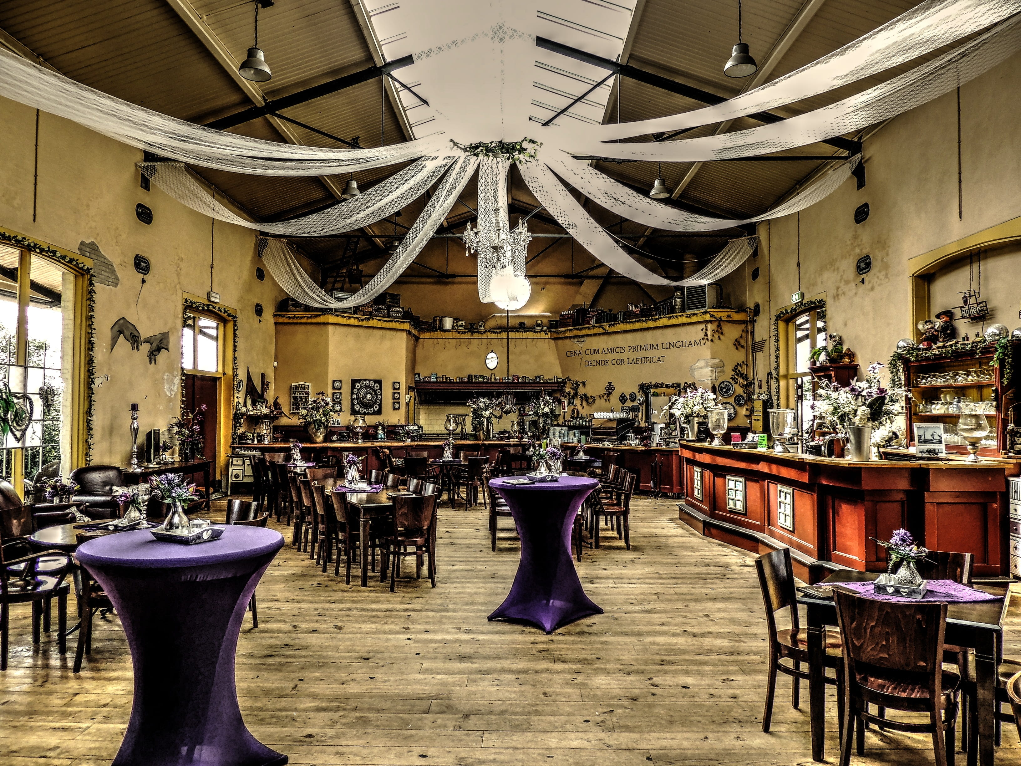architecture, seat, food and drink, stations hall, tables, no people, built structure, empty, indoors, lighting equipment, bar, antique, furniture, 2K, HD Wallpaper