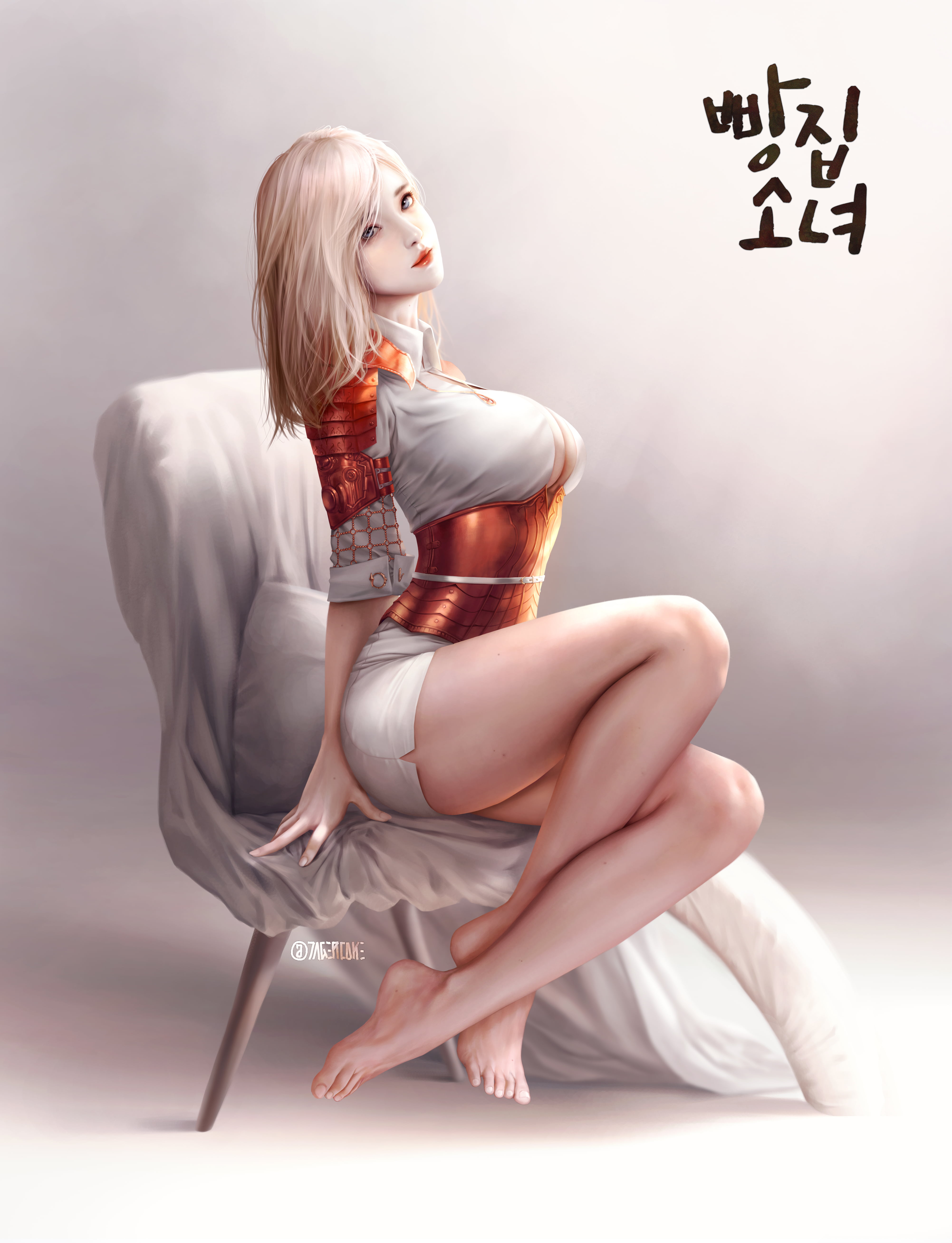 armor, women, looking at viewer, 5K, digital art, vertical, white background, cleavage, miniskirt, simple background, original characters, shirt, barefoot, Phone HD Wallpaper