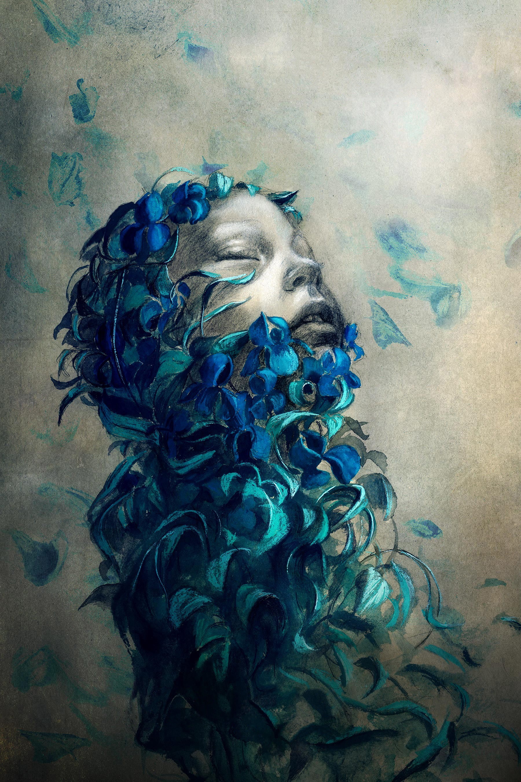 closed eyes, digital art, portrait display, face, flower petals, flowers, abstract, blue, 2K, simple background, drawing, Phone HD Wallpaper