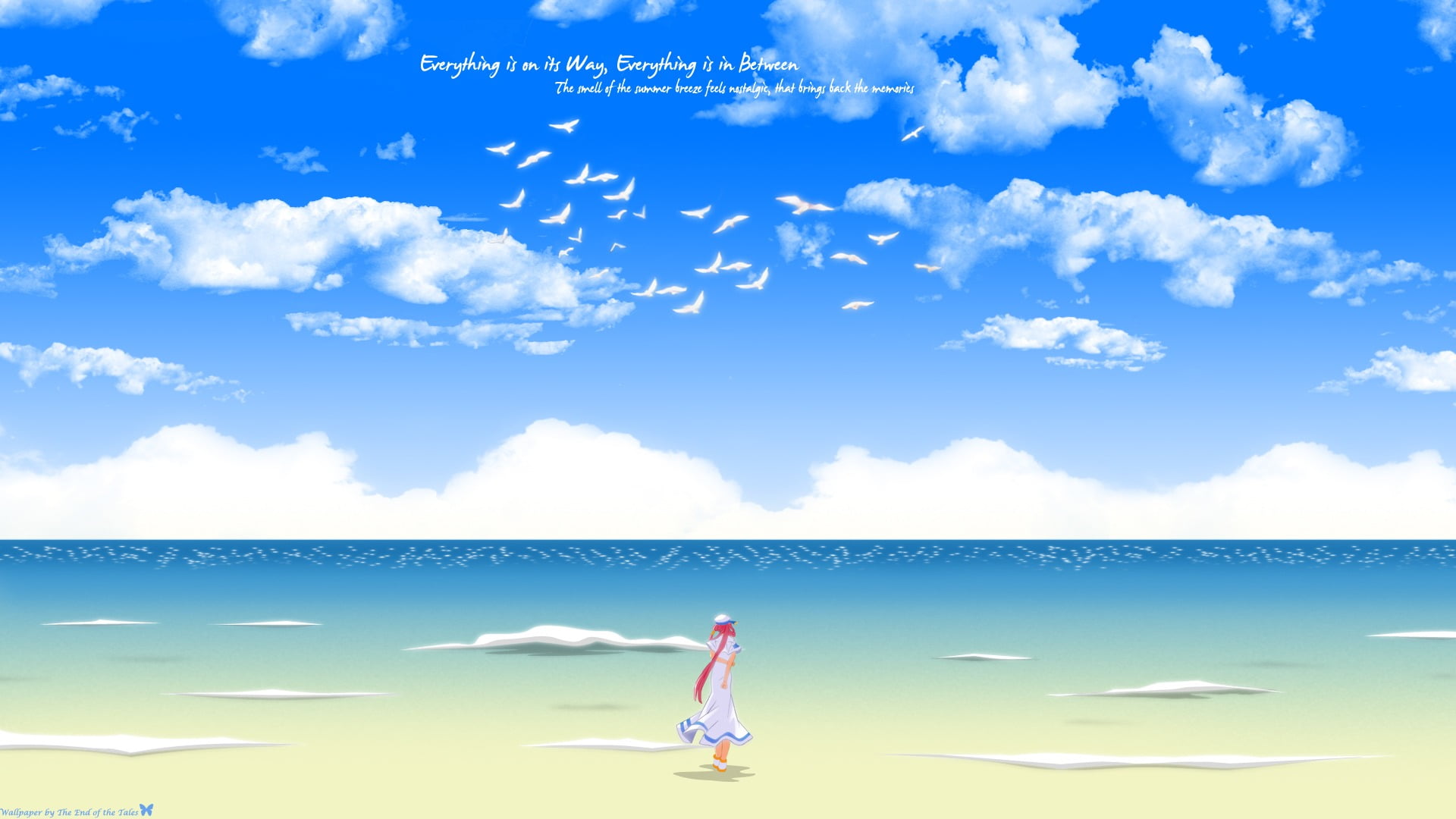 day, cloud - sky, outdoors, anime girls, sunlight, flying, sky, sea, nature, scenics - nature, Aria, beach, water, horizon, leisure activity, 1080P, real people, HD Wallpaper