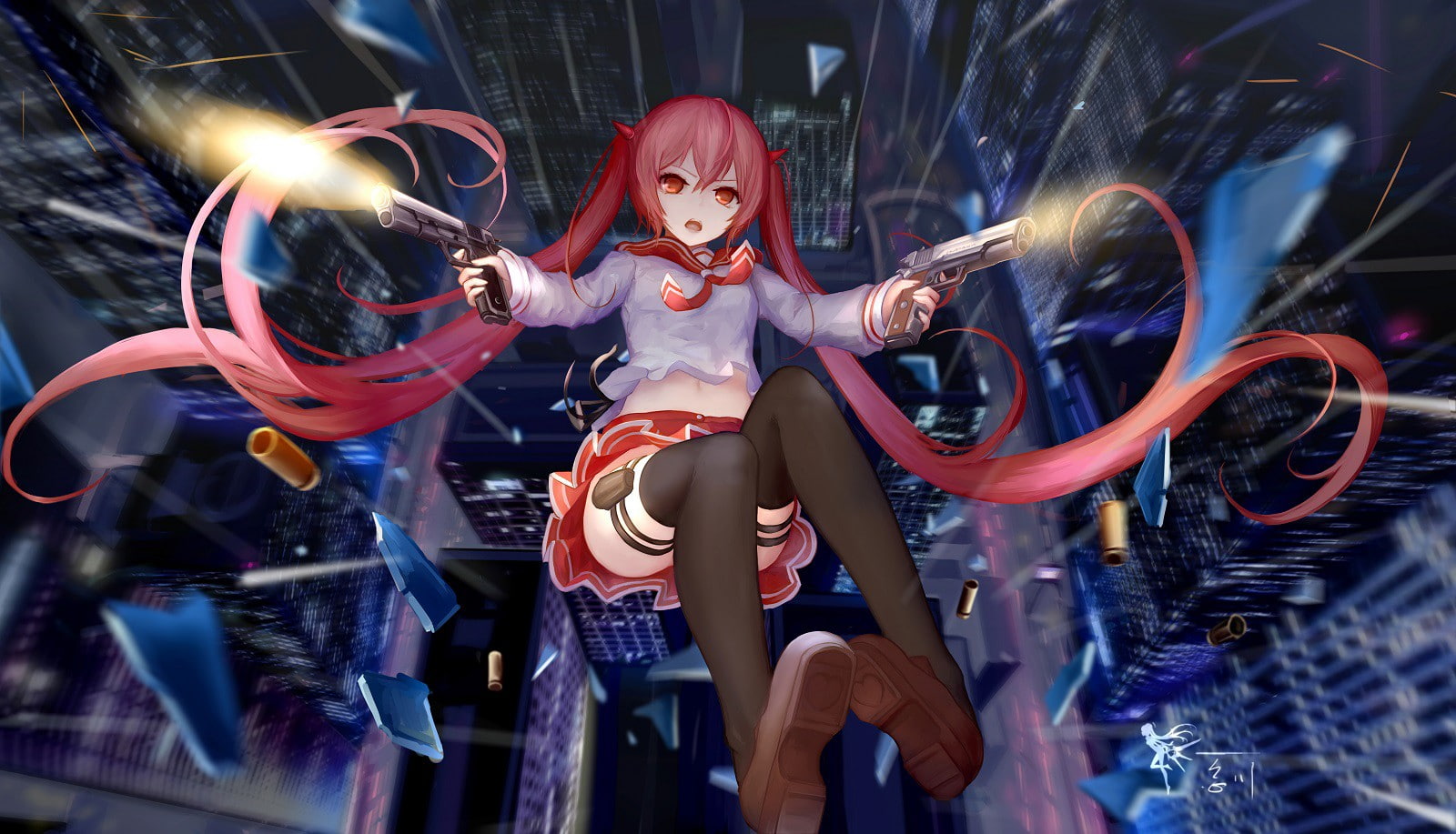 thigh-highs, real people, anime girls, young women, illuminated, casual clothing, three quarter length, people, adult, anime, Hidan no Aria, twintails, HD Wallpaper