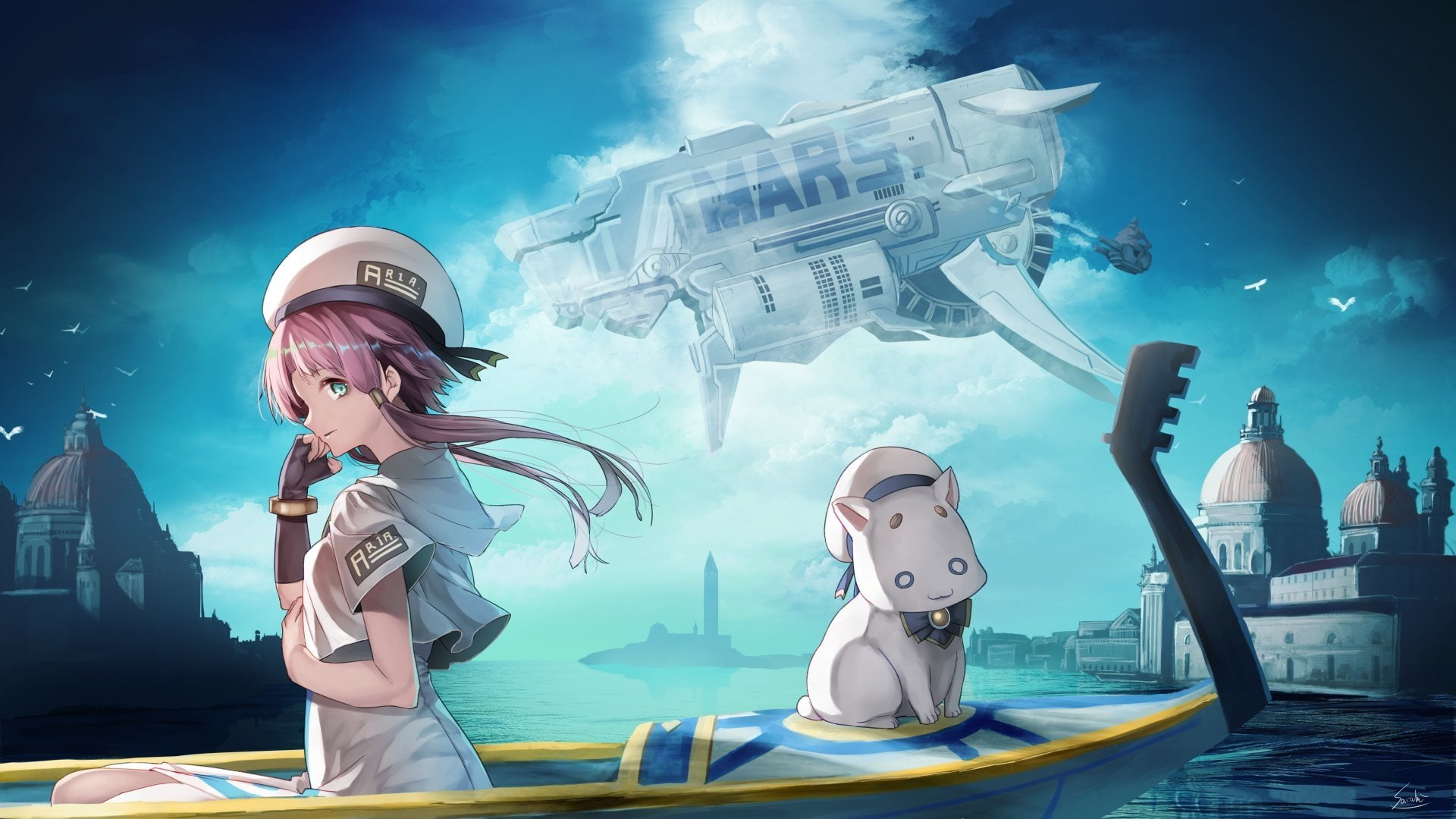 Hat, Cat, Boat, Building, Akari Mizunashi, Pink Hair, Anime, Aria Pokoteng, Cloud, Spaceship, 1080P, Aria, HD Wallpaper