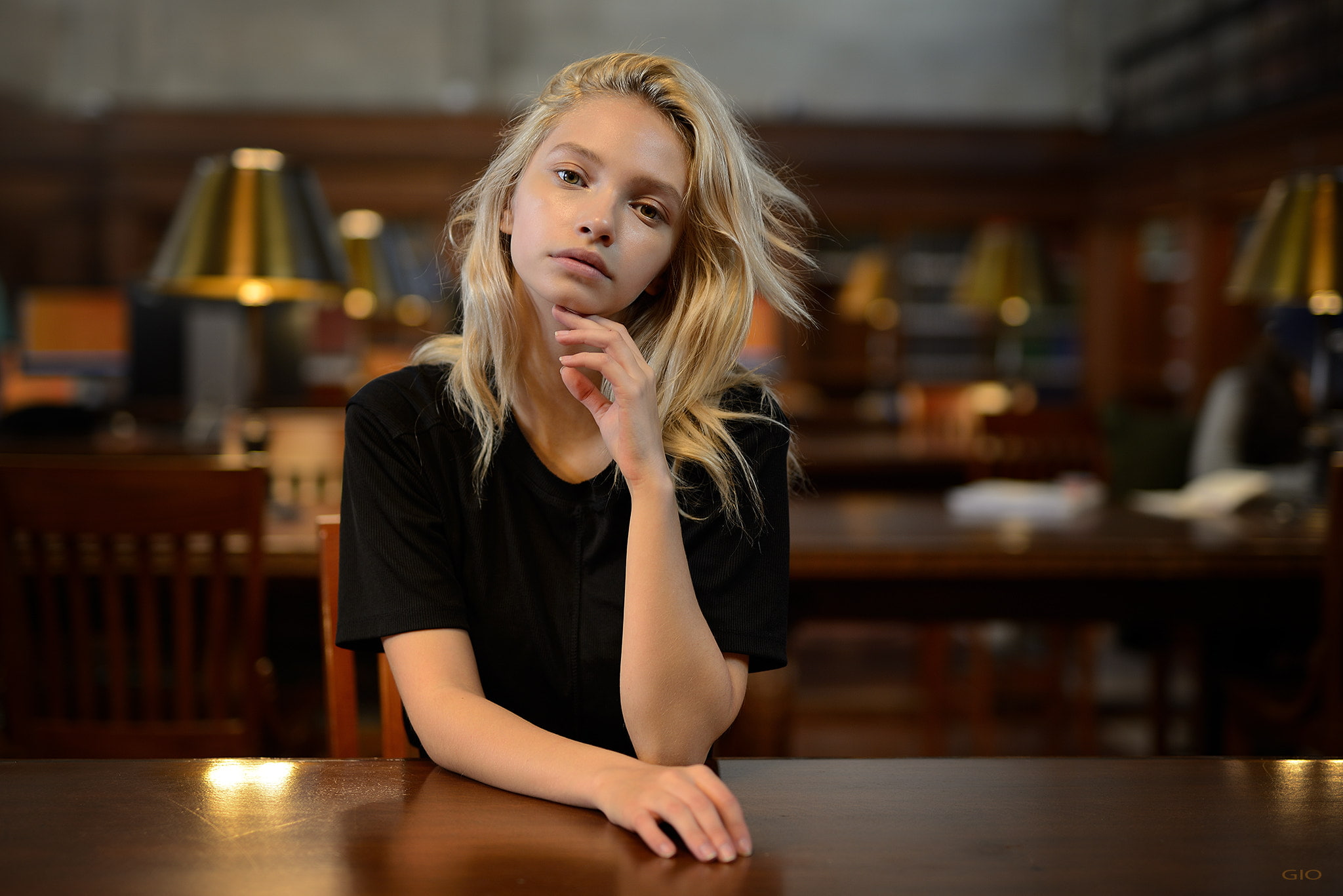 women, long hair, portrait, blonde, library, 1080P, Giovanni Zacche, model, HD Wallpaper