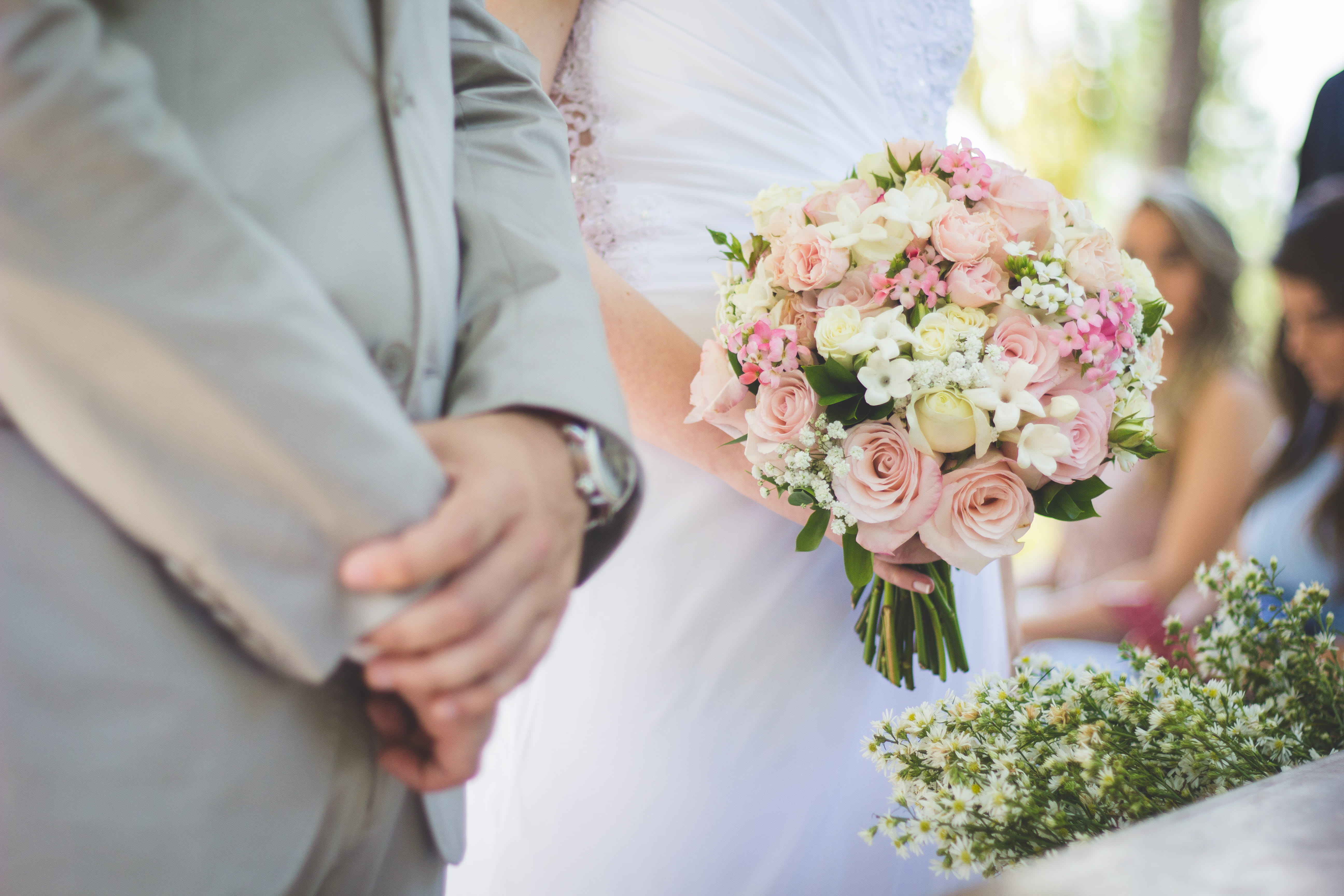 posy, flowering plant, two people, plant, caucasian Ethnicity, romance, couple - relationship, husband, wedding ceremony, positive emotion, couple, bouquet, HD Wallpaper
