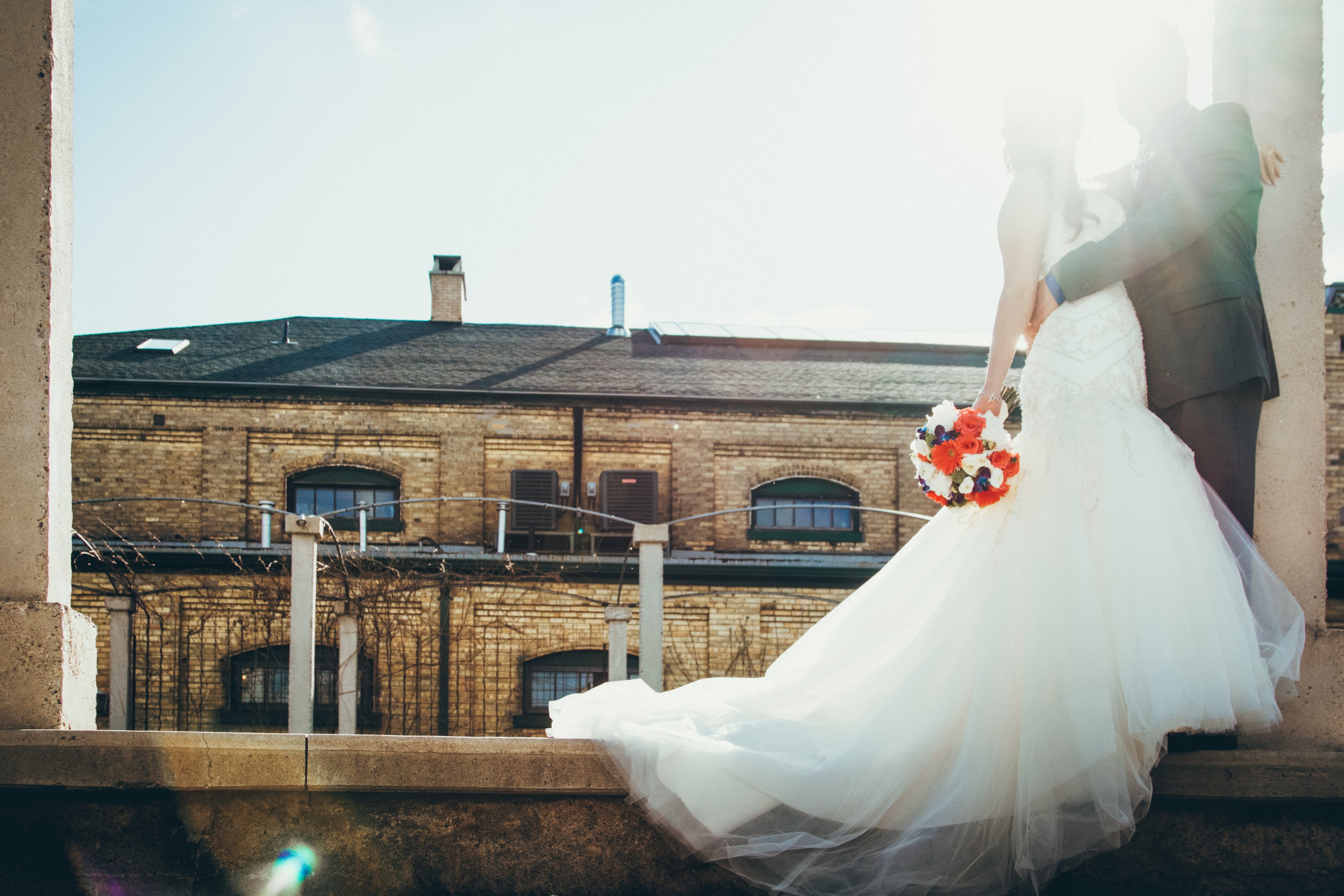 outdoors, Blue, Purple, women, amp, Flowers, event, celebration, wedding dress, life events, Couple, Groom, standing, architecture, bridegroom, building exterior, HD Wallpaper