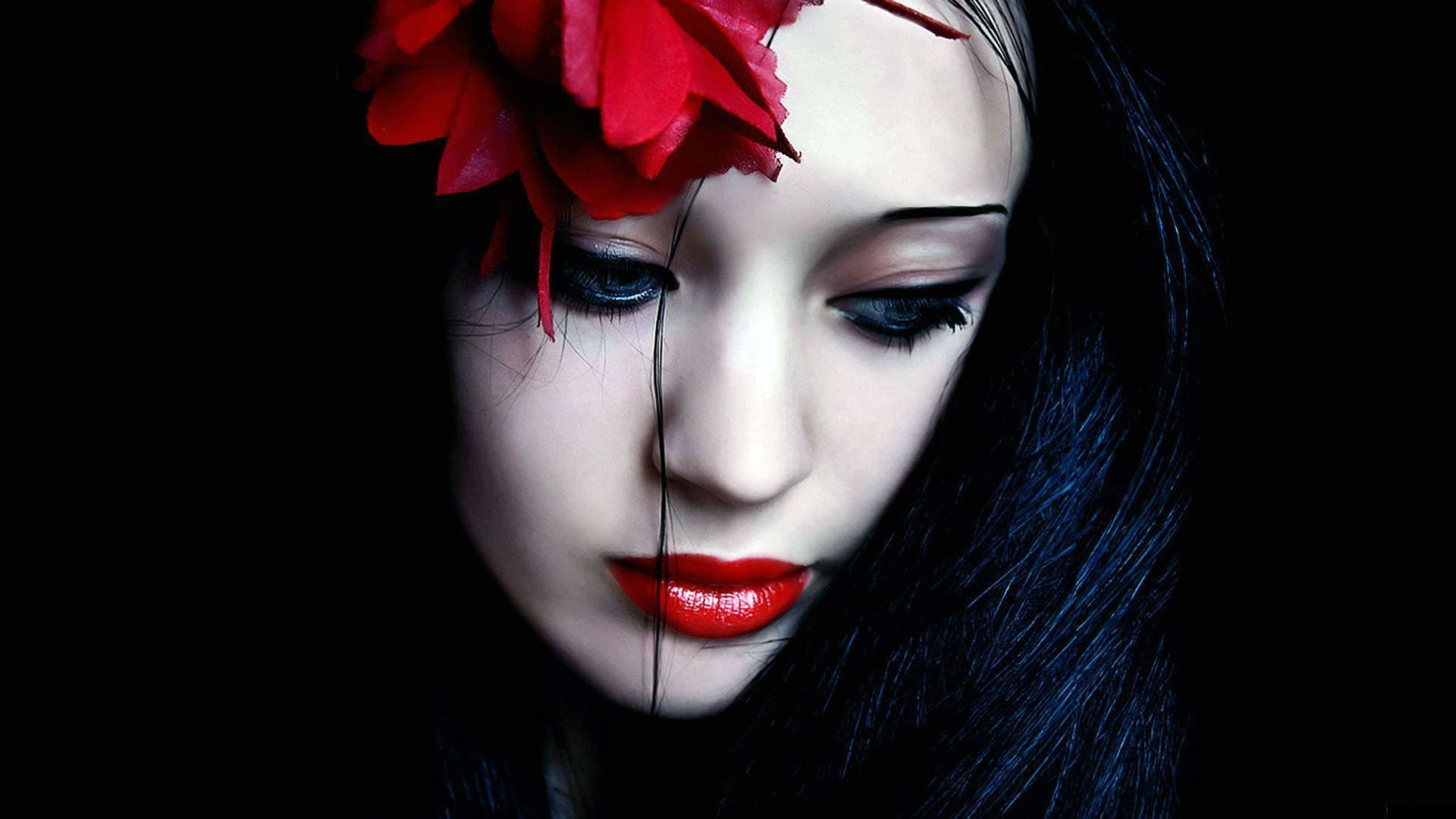 contrast, females, women, gothic, red, pale, face, sorrow, dark, emotions, vampire, girls, 1080P, sad, HD Wallpaper