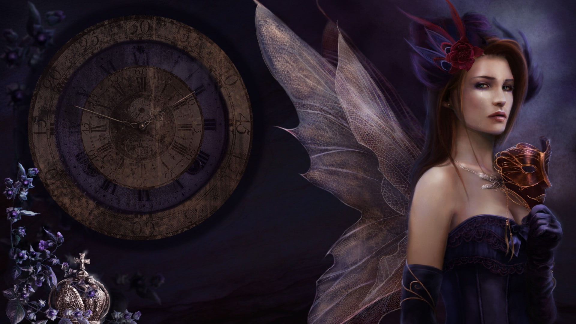 young adult, fantasy, mood, looking at camera, adult, young women, mask, clock, women, indoors, beauty, fairy, beautiful woman, portrait, face, females, HD Wallpaper