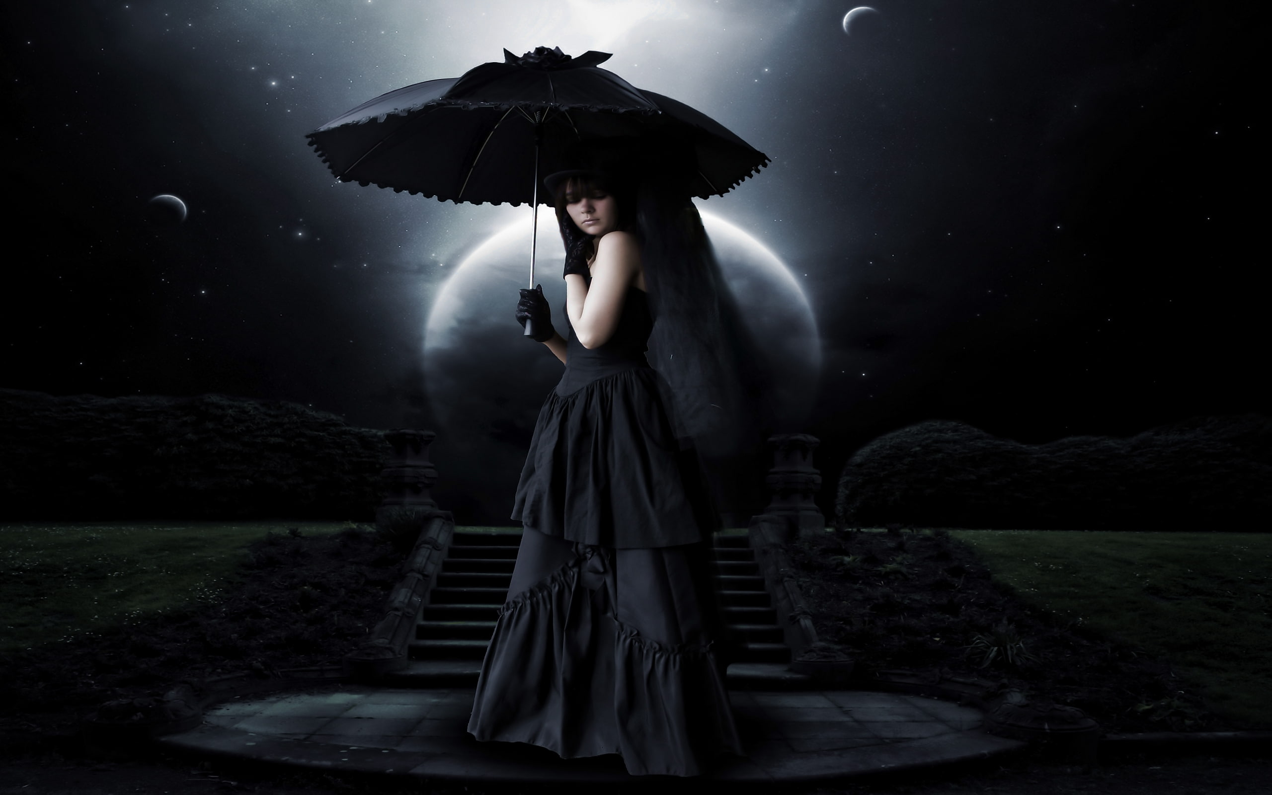creepy, dark, moon, art, moonlight, night, digital, emotion, spooky, pale, planets, females, women, girls, science, fiction, sad, brunette, manipulation, HD Wallpaper