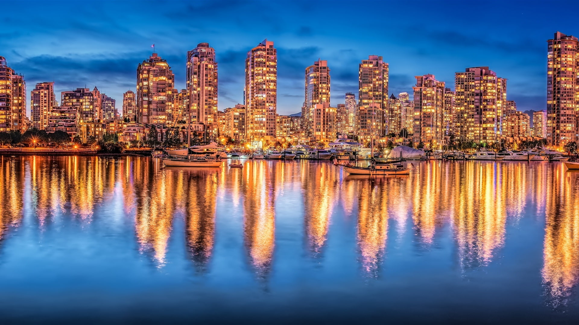 Water, Buildings, Lights, City, Vancouver, Canada, Yachts, 1080P, Reflection, Night, HD Wallpaper