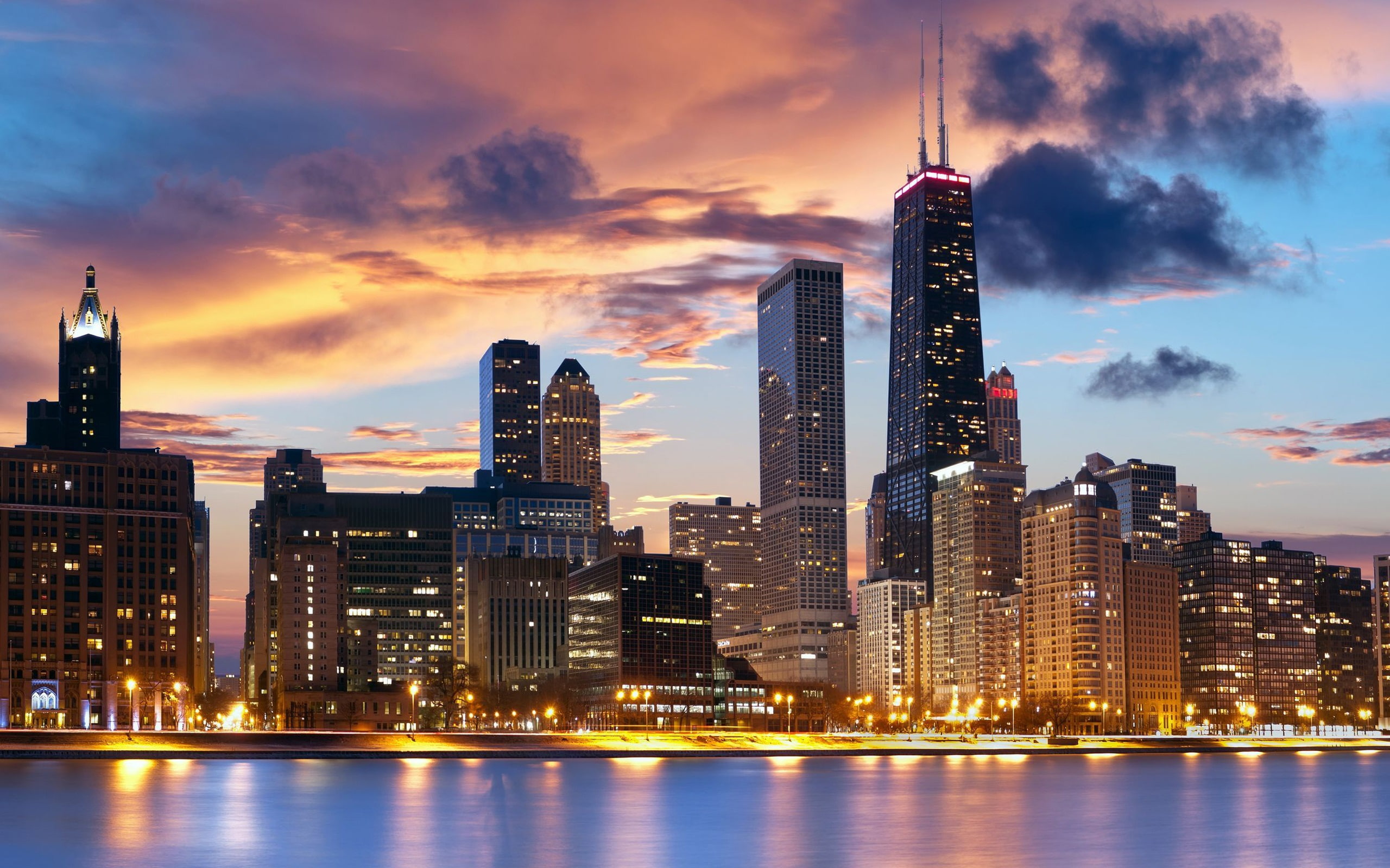 Dusk, Buildings, Illinois, City, USA, Lights, 2K, Chicago, HD Wallpaper