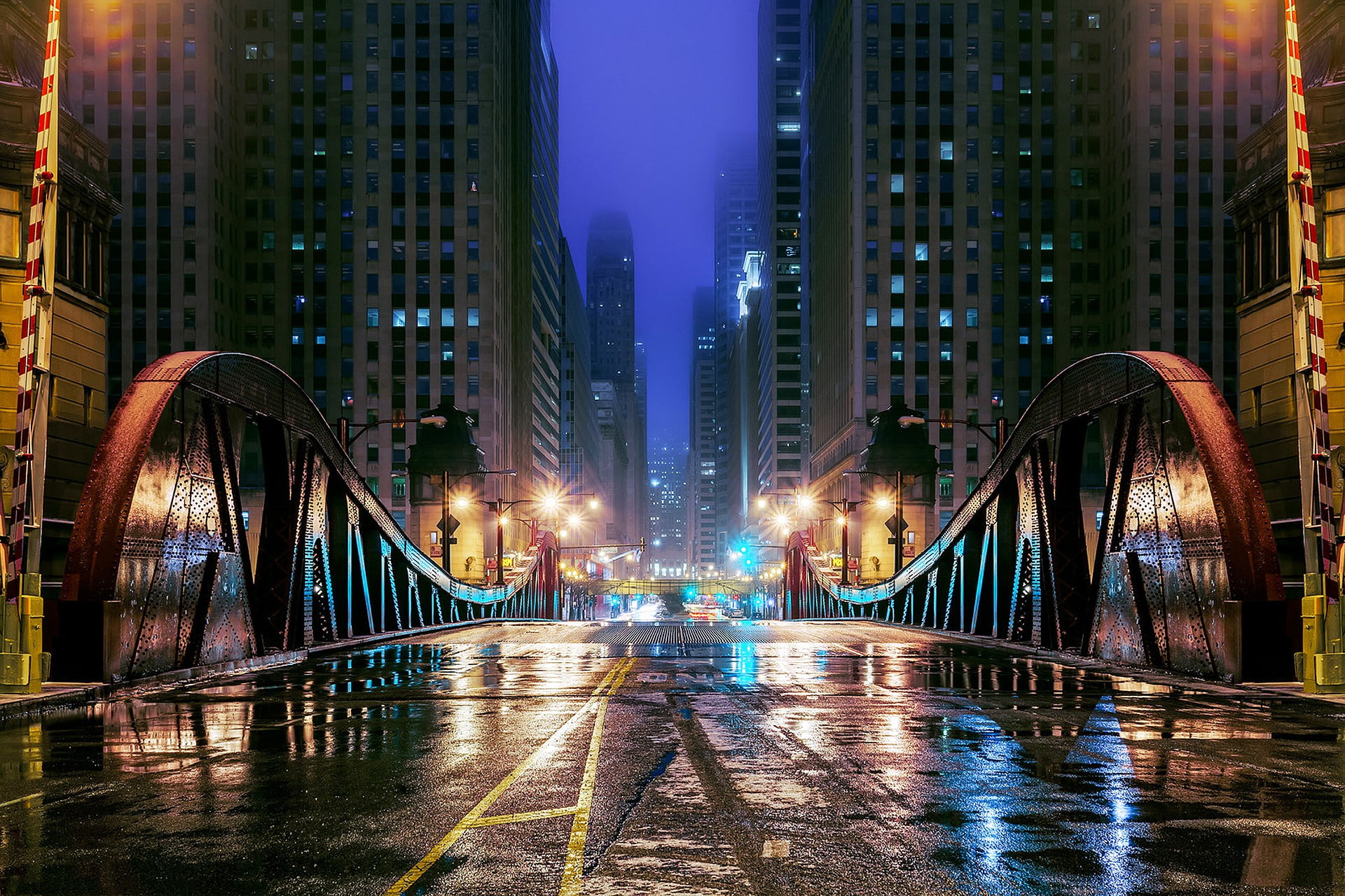 road, Skyscrapers, Illinois, Chicago, Night, 1080P, water, USA, the city of bridges, bridges, roads, evening, concrete, pools, city, grey, reflection, HD Wallpaper