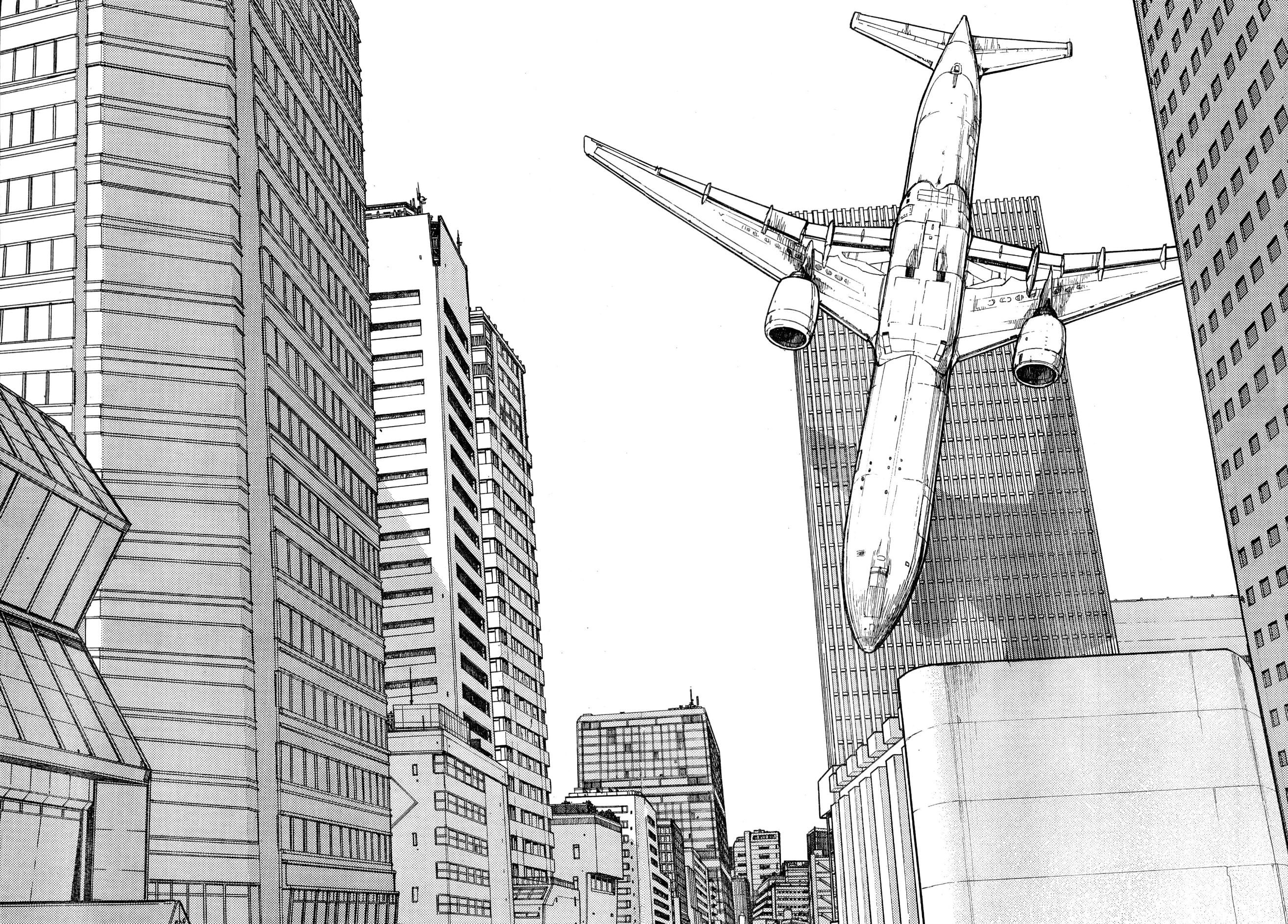 ajin, 2K, planes, buildings, city, illustration, manga, near, monochrome, airplane, HD Wallpaper
