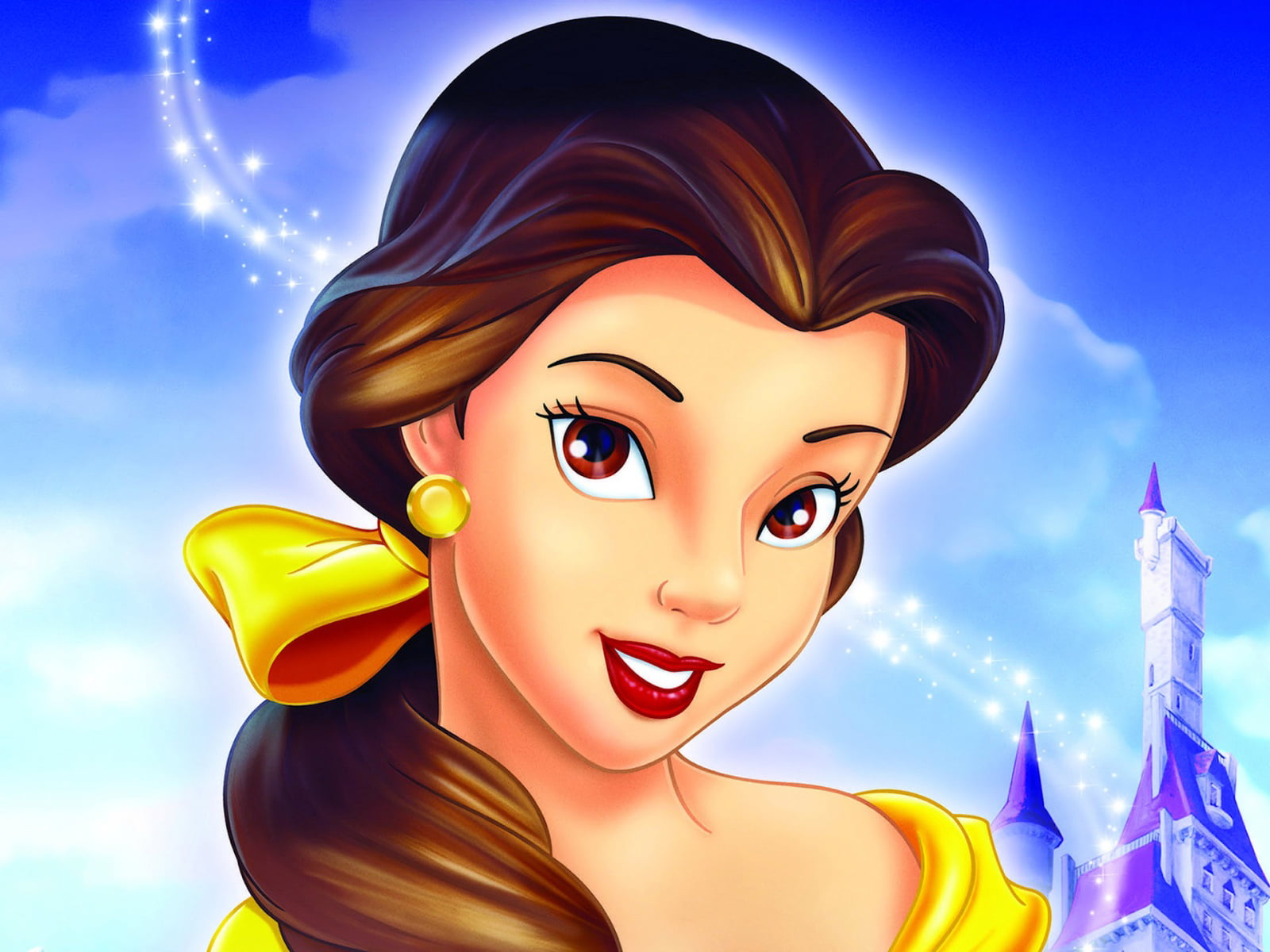 beautiful woman, 720P, looking at camera, emotion, beauty, happiness, blue, sky, girl, multi colored, belle, adult, one person, yellow, cartoon, HD Wallpaper