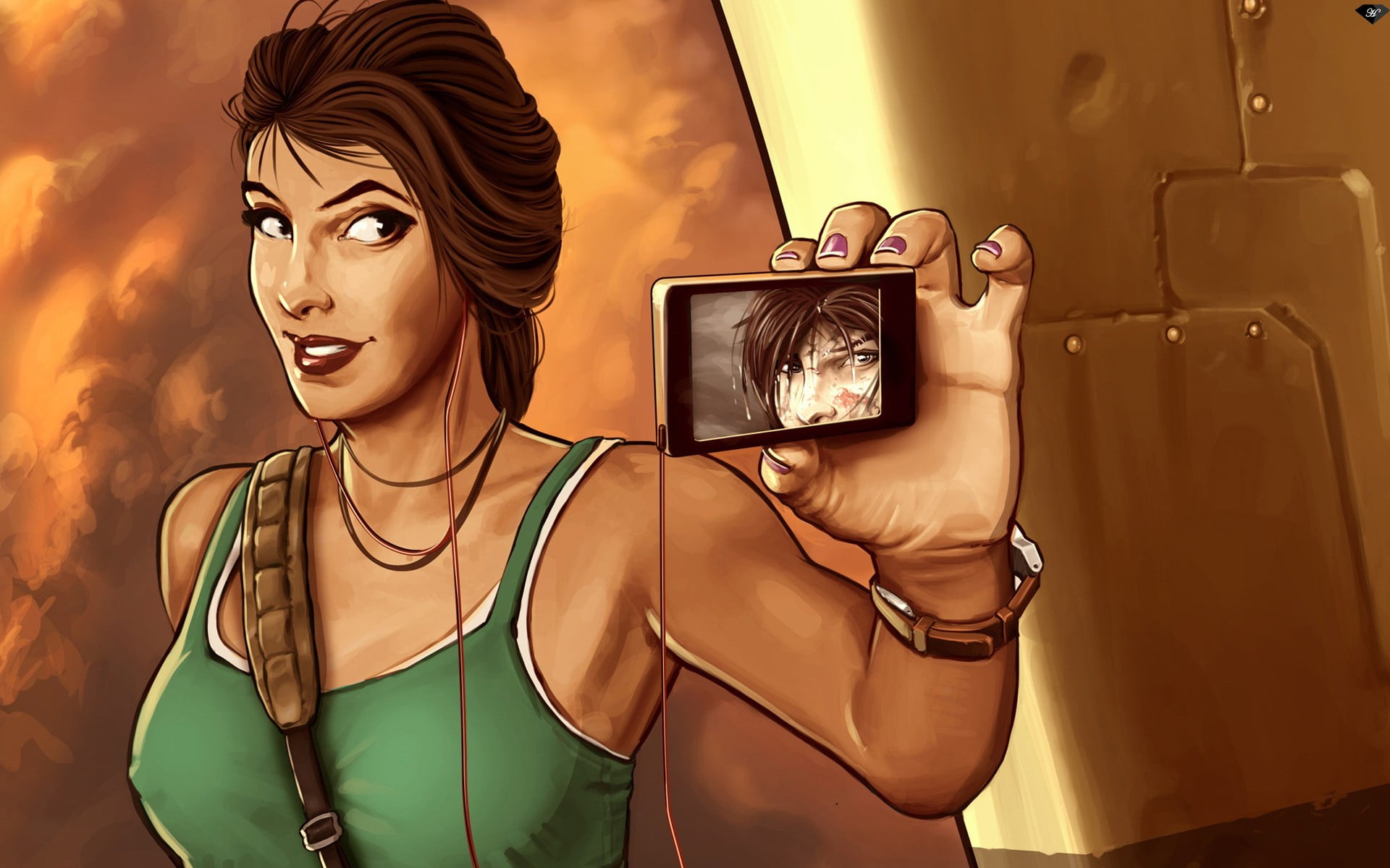 Tomb Raider, photo messaging, women, beautiful woman, photographing, Lara Croft, self shot, 1080P, mobile phone, self portraits, technology, photography themes, HD Wallpaper