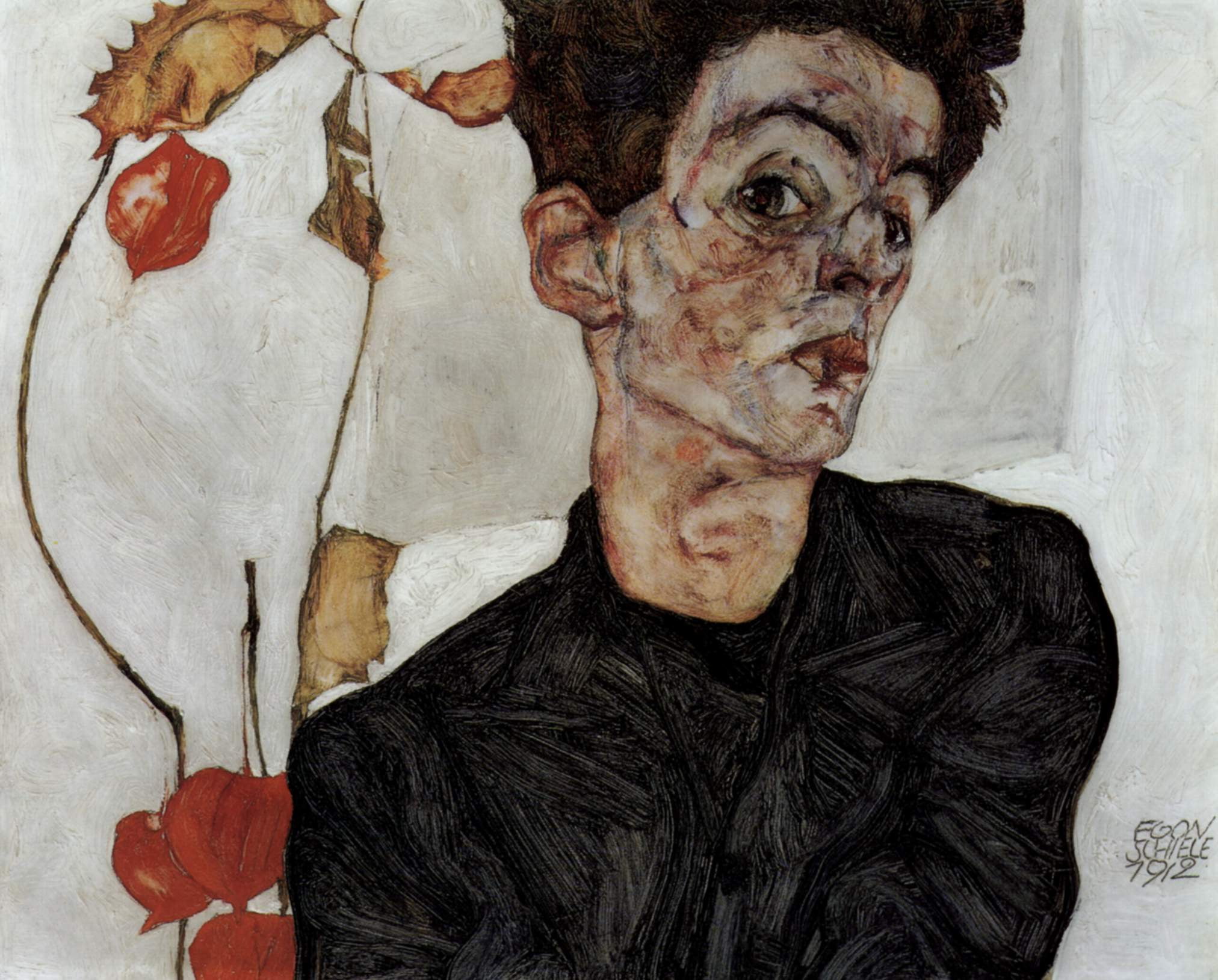 Egon Schiele, with flowers lanterns, 1080P, Self portrait, HD Wallpaper