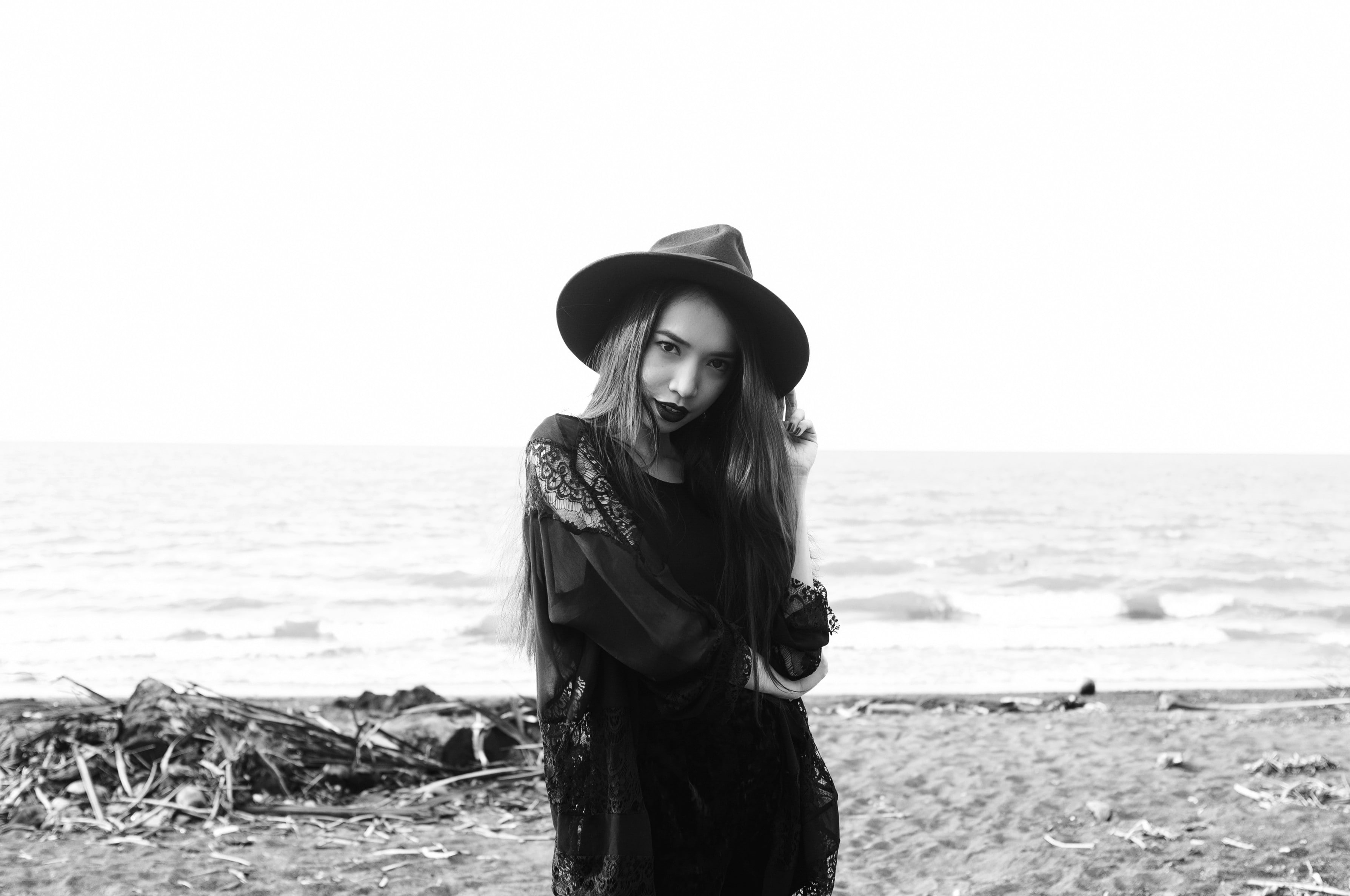 monochrome, portrait, shadow, black lipstick, lace, brunette, beach, dark, self portraits, silhouette, 2K, photography, black, women outdoors, HD Wallpaper