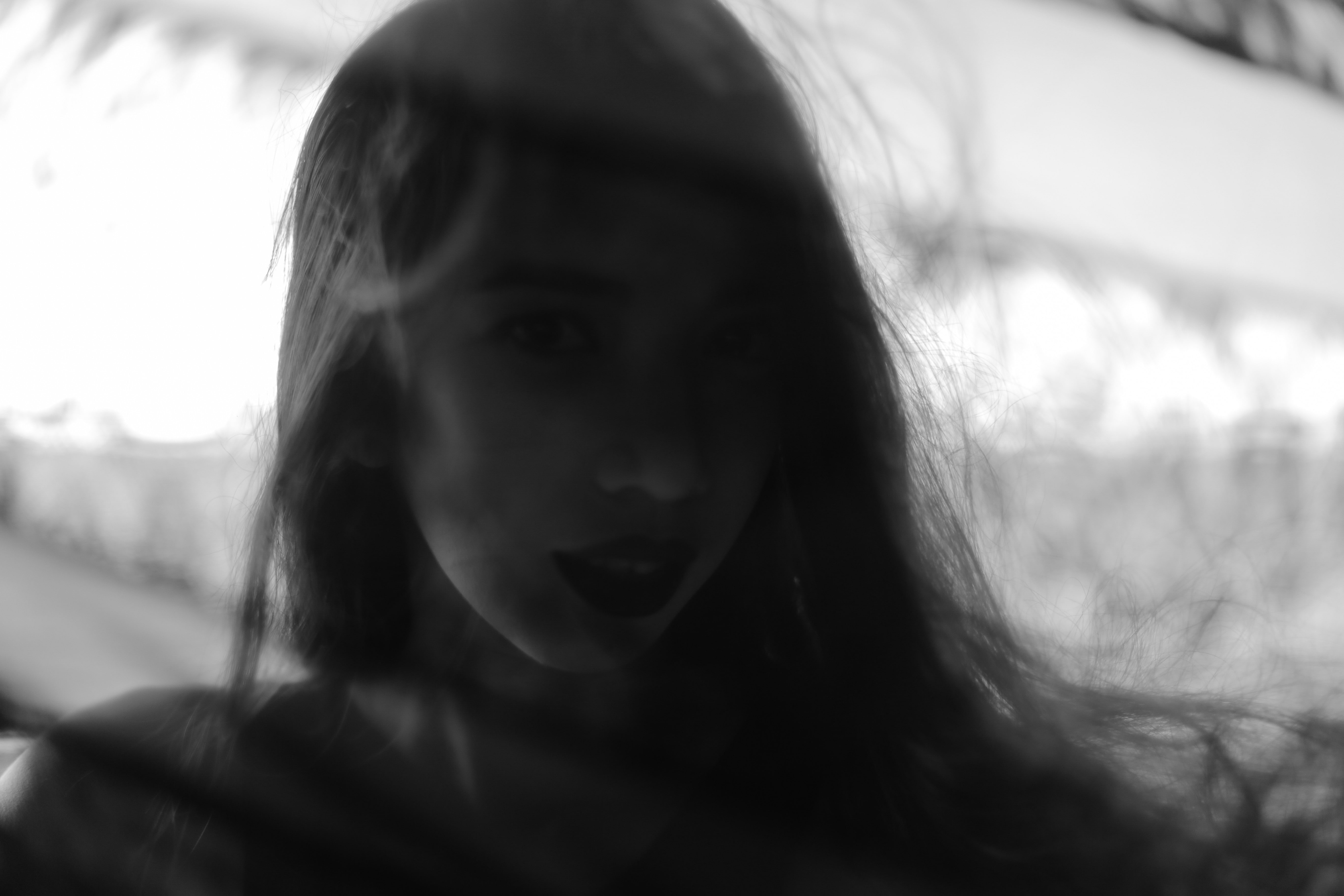 dark, black, self portraits, lace, women outdoors, brunette, monochrome, portrait, beach, 5K, silhouette, black lipstick, shadow, photography, HD Wallpaper