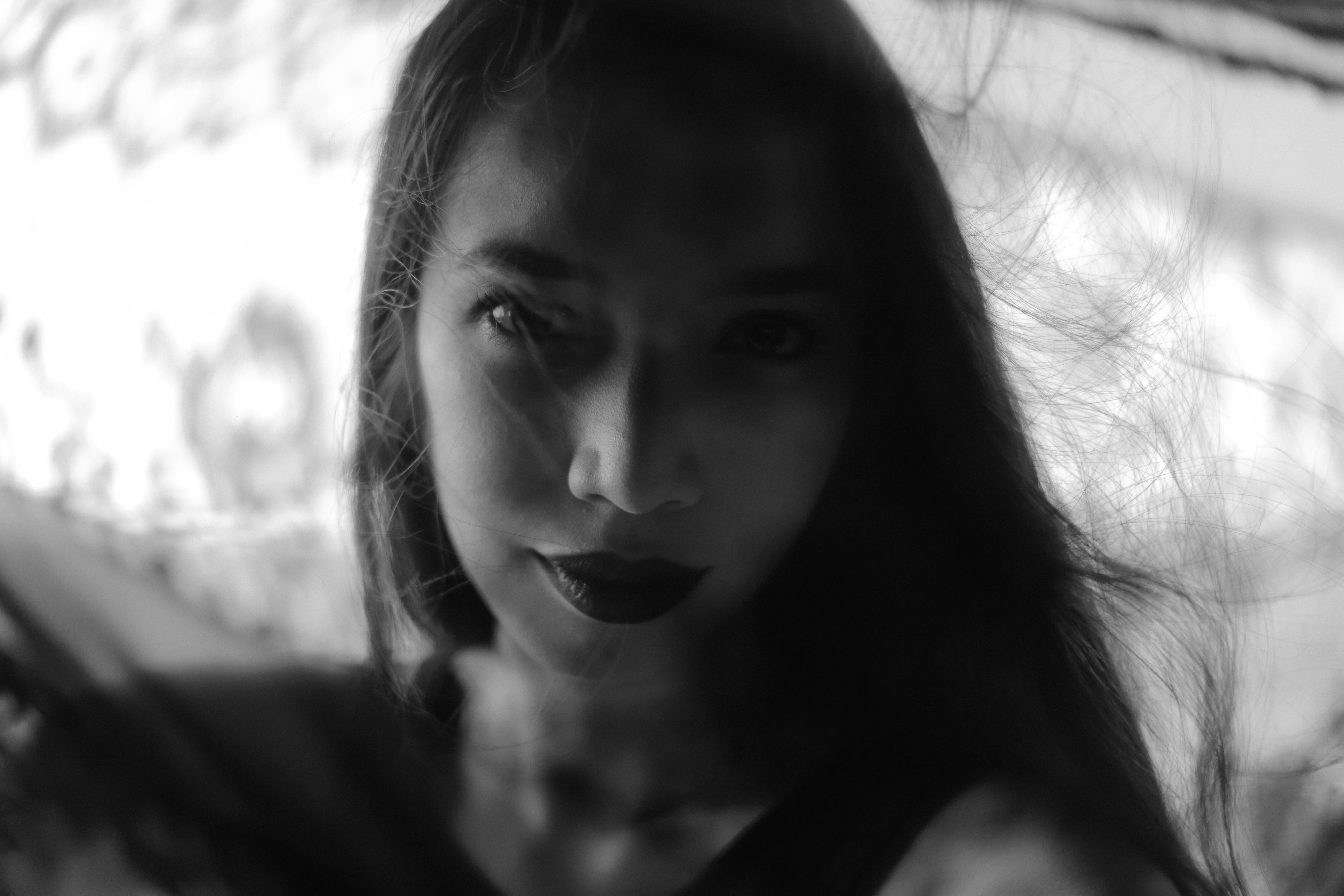 depression - sadness, lifestyles, photography, serious, emotion, looking, black lipstick, monochrome, human body part, hairstyle, 5K, young adult, front view, HD Wallpaper