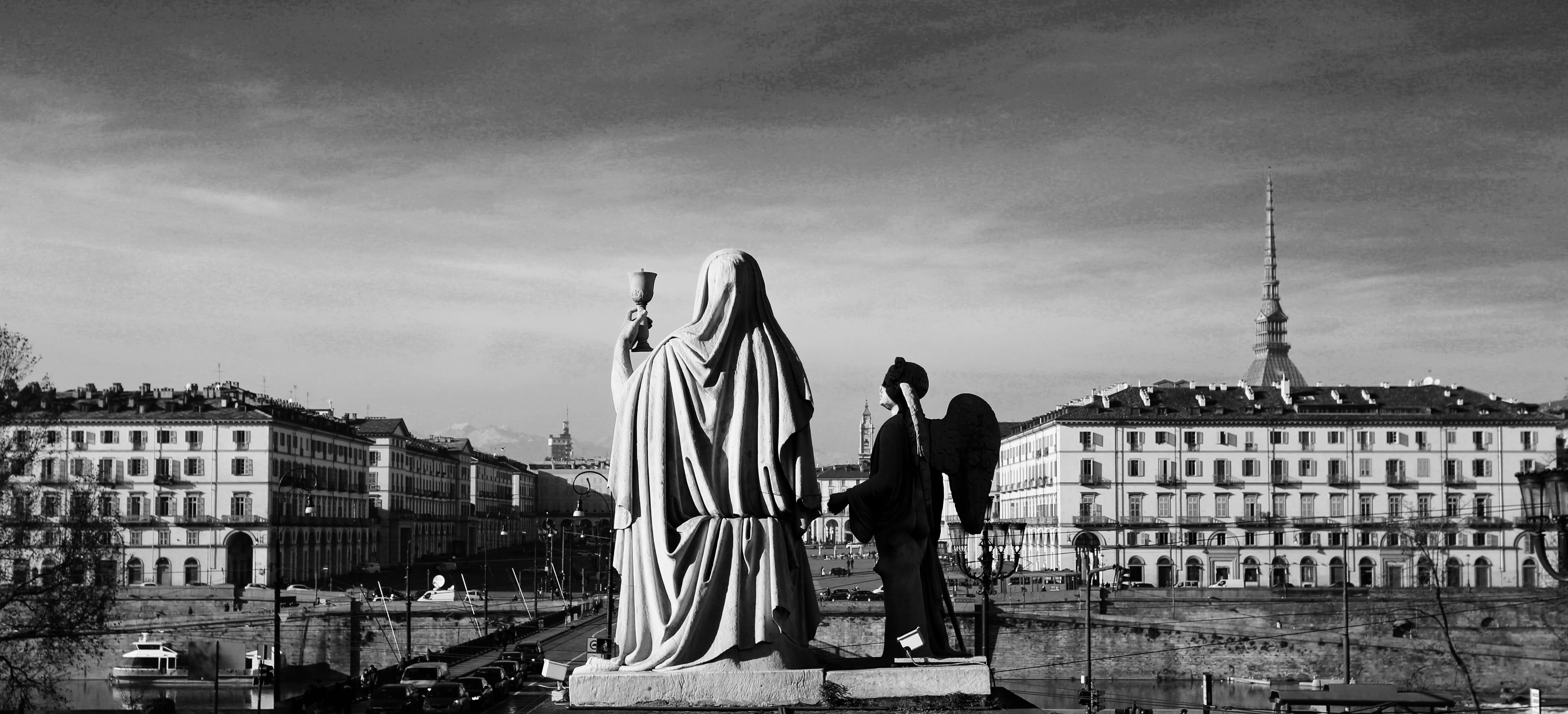 sculpture, day, city, italy, no people, 1818 - gran madre, bandw, cloud - sky, sky, outdoors, turin, architecture, travel, statue, built structure, HD Wallpaper