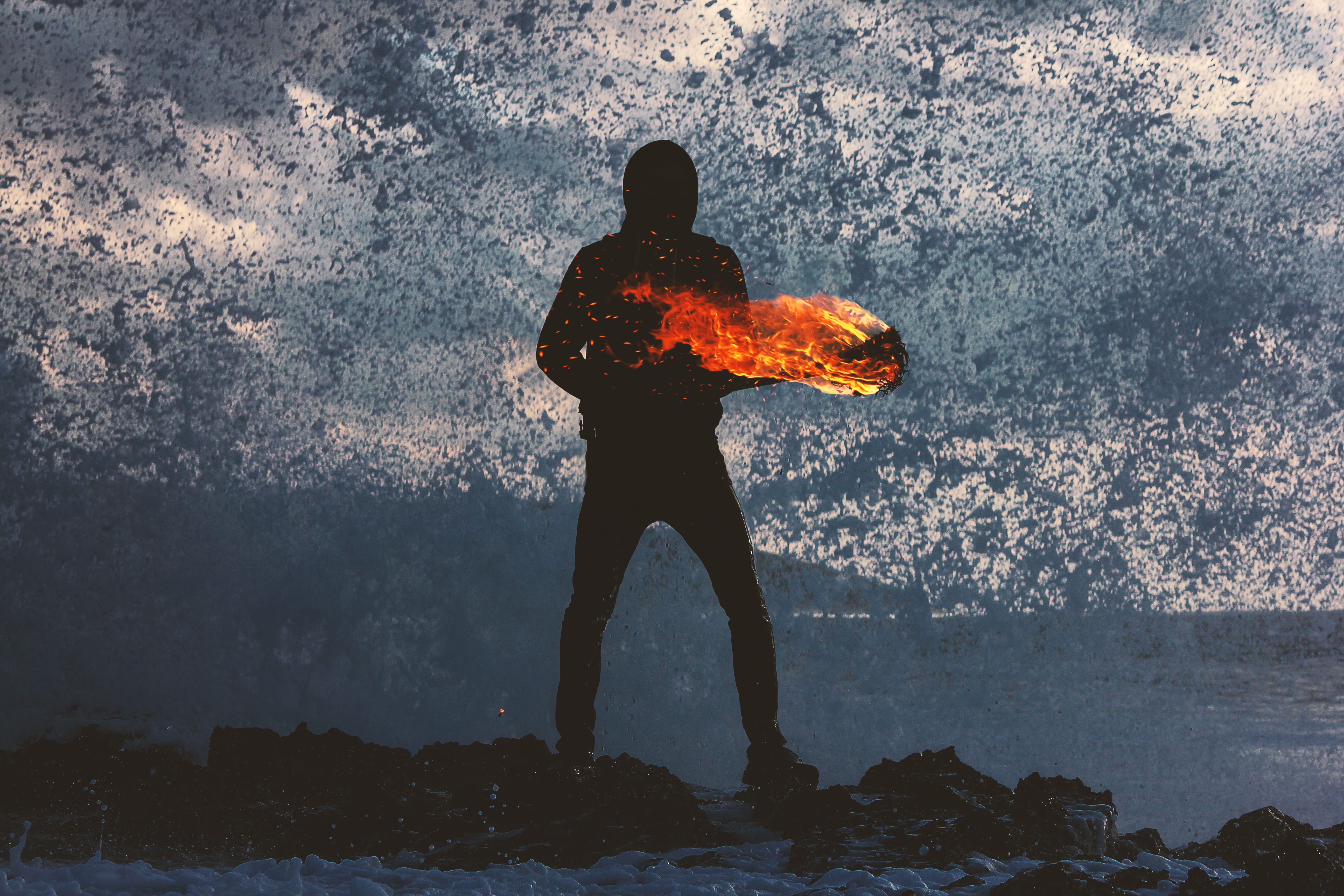 rocks, body, beauty in nature, man, sea, lifestyles, scenics - nature, power in nature, body of water, one Person, real people, torch, solid, motion, silhouette, HD Wallpaper