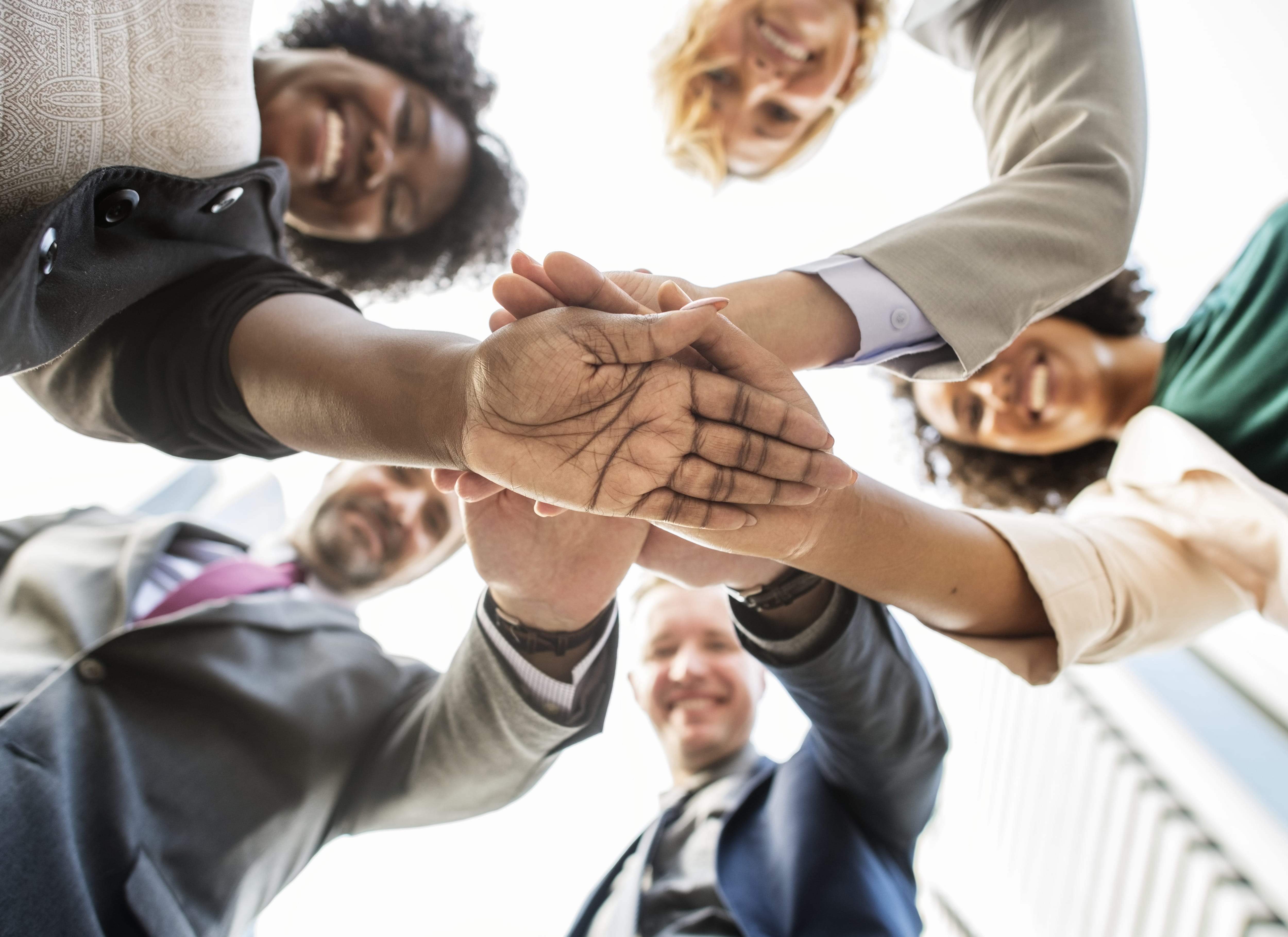 corporate, real people, portrait, team, team building, successful, diversity, happiness, teamwork, low angle shot, unity, support, body part, looking down, HD Wallpaper
