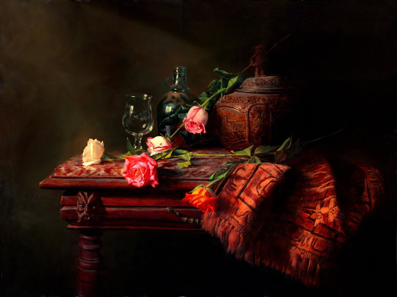 fruit, old, flowers, violin, stilllife, still life, still, old convenience, life, carafe, 720P, abstract, cosiness, table, hd, convenience, HD Wallpaper
