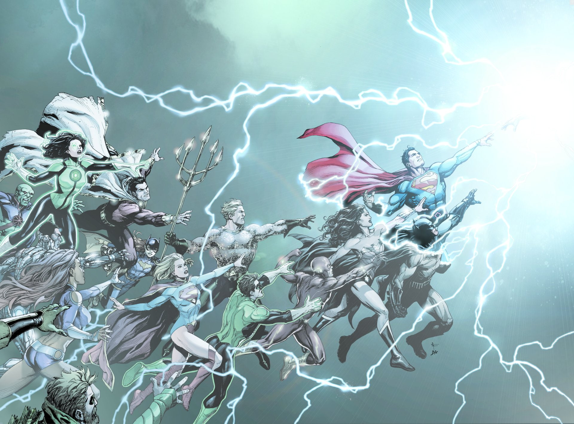 digital composite, 1080P, Aquaman, Batman, Starfire (DC Comics), Superman, DC Comics, Supergirl, Batgirl, flying, Comics, art and craft, Martian Manhunter, HD Wallpaper