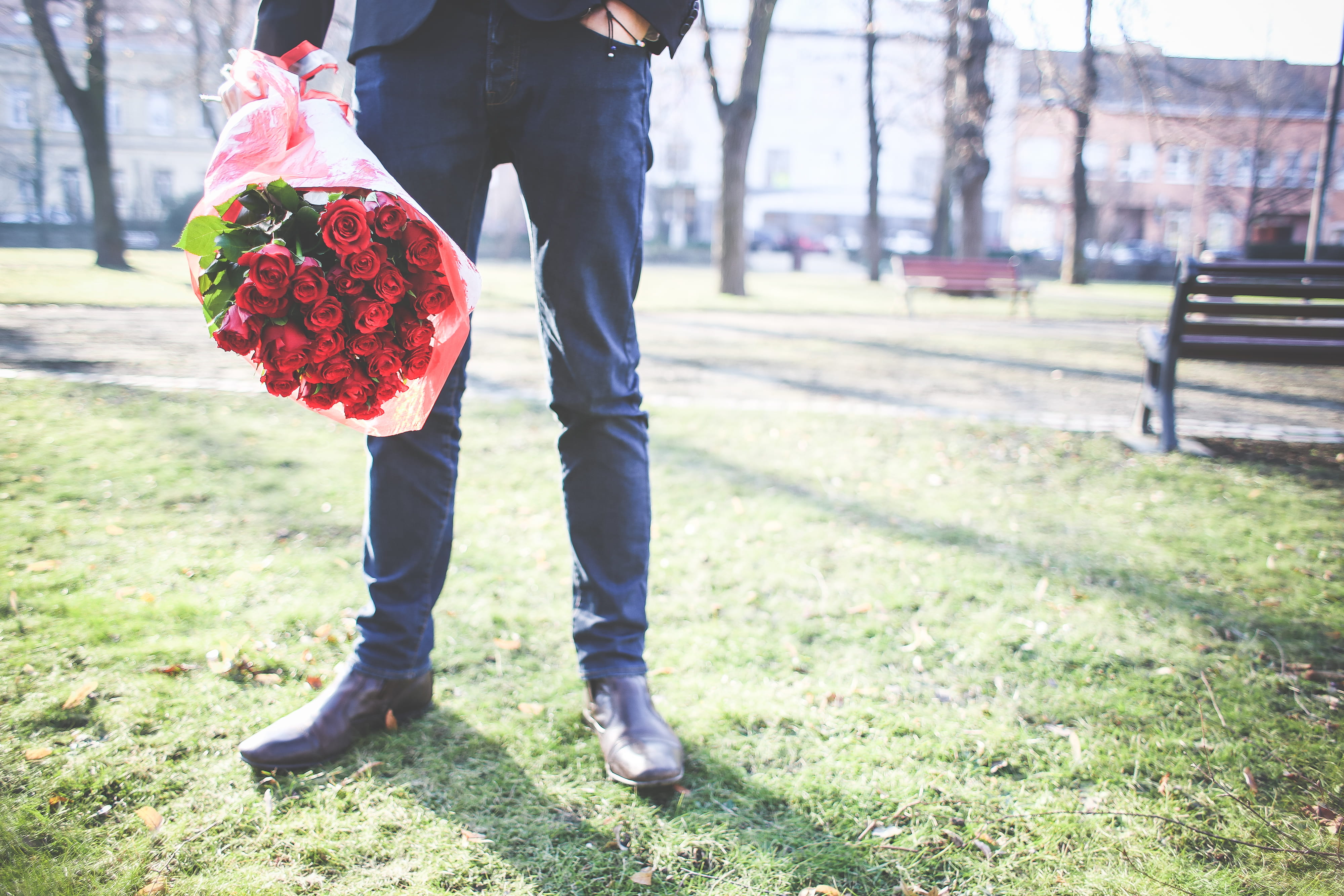 Bouquet of Roses, casual clothing, one Person, park, leather shoes, females, man, body part, roses, standing, nature, two people, heterosexual couple, adults only, HD Wallpaper