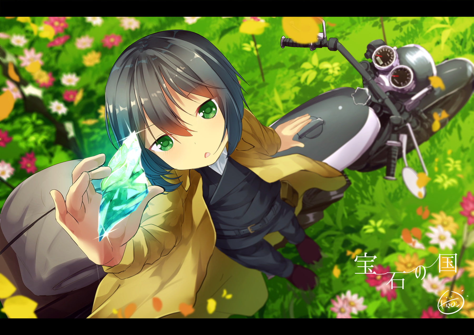 hair, tabi, grass, flowers, signed, black, eyes, short, com, hermes, motorcycle, chinomaron, green, 256483, petals, konachan, 720P, kino, HD Wallpaper