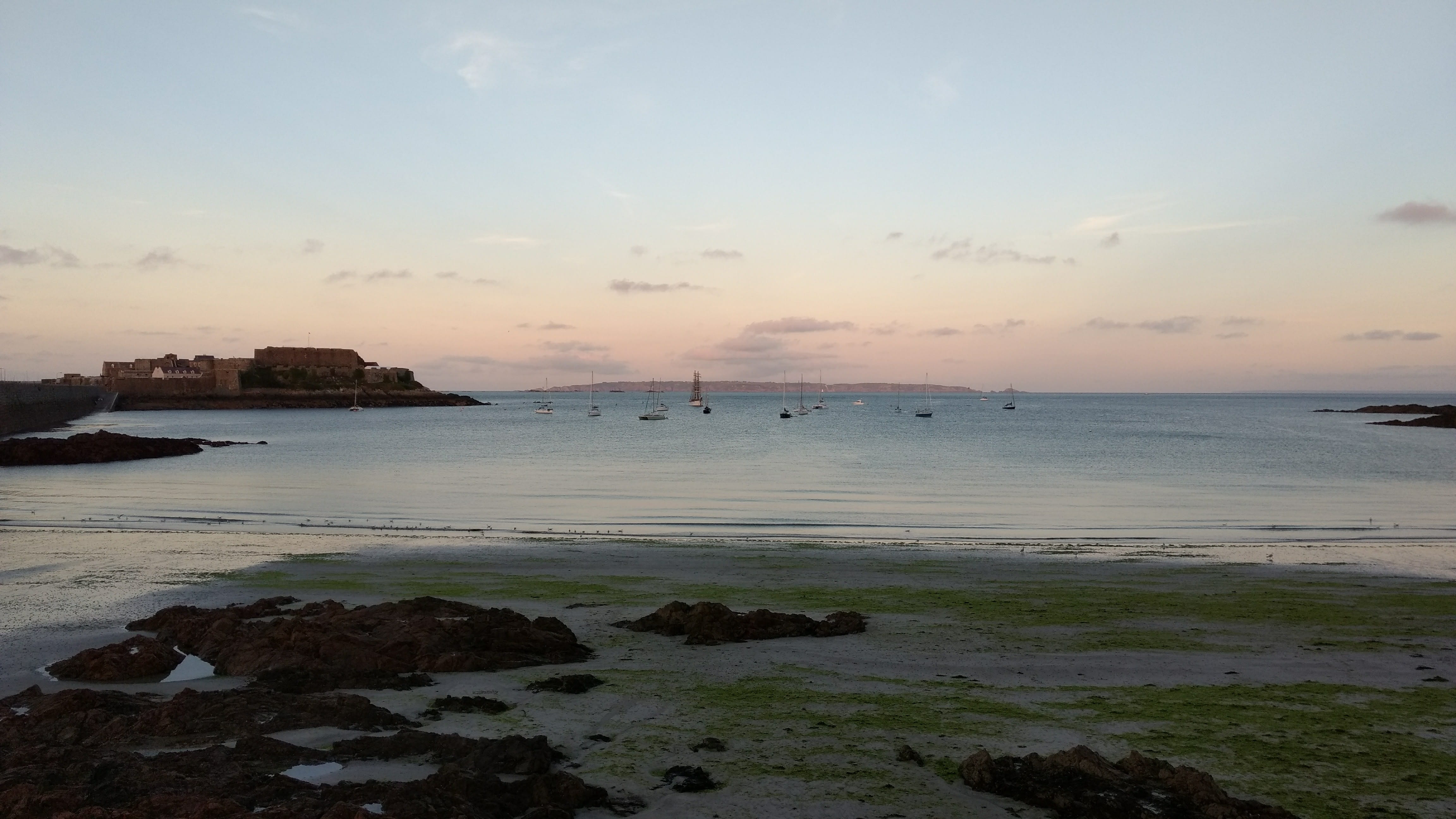 sea, water, guernsey, beauty in nature, idyllic, low tide, sunset, landscape, land, no people, view of herm, nautical vessel, nature, havelet bay, 4K, HD Wallpaper