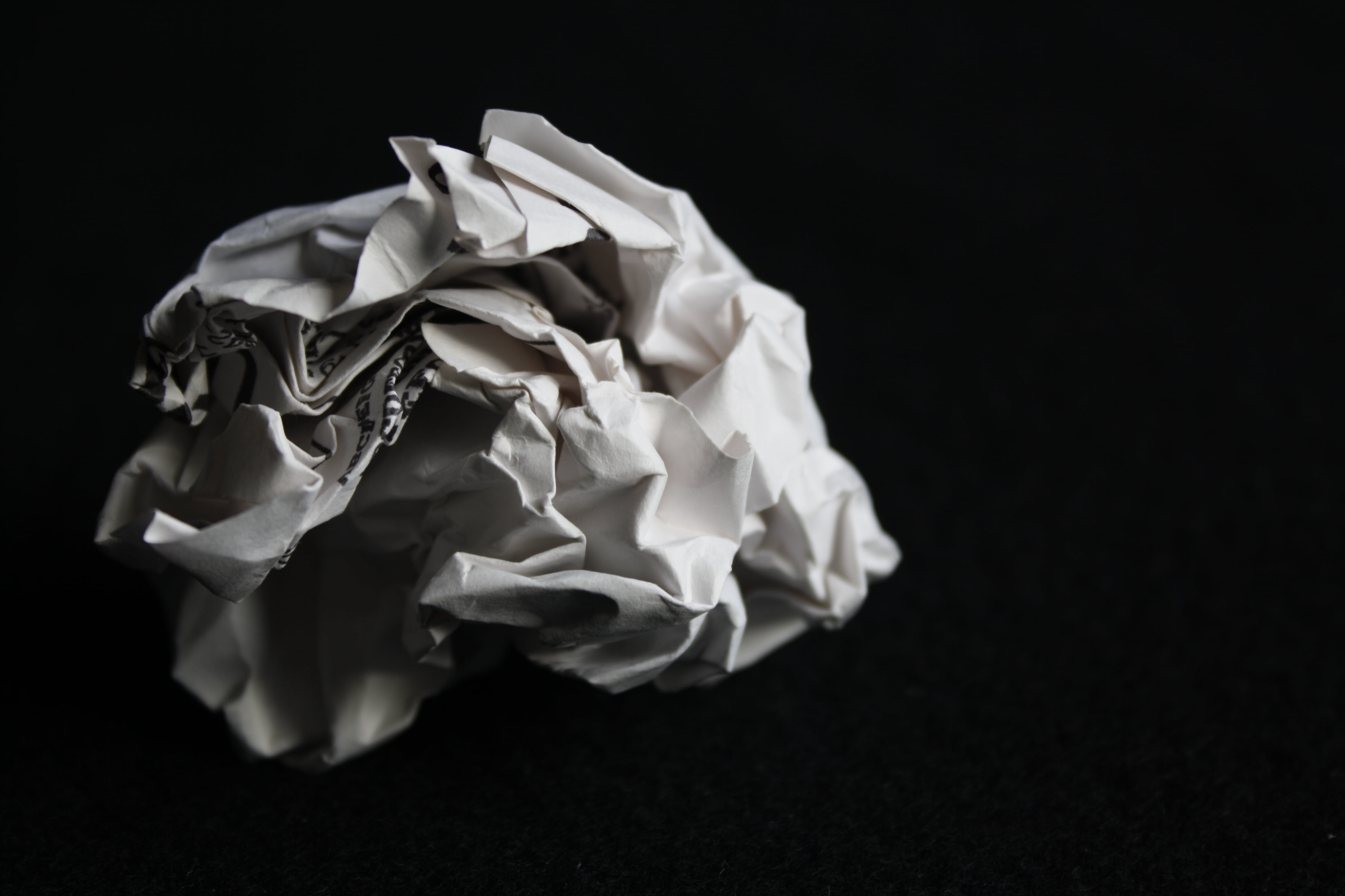 balled, white, cut out, emotional stress, frustration, crumpled paper ball, close-up, crumpled paper, crumpled, dark, emotion, single object, 4K, printer, HD Wallpaper