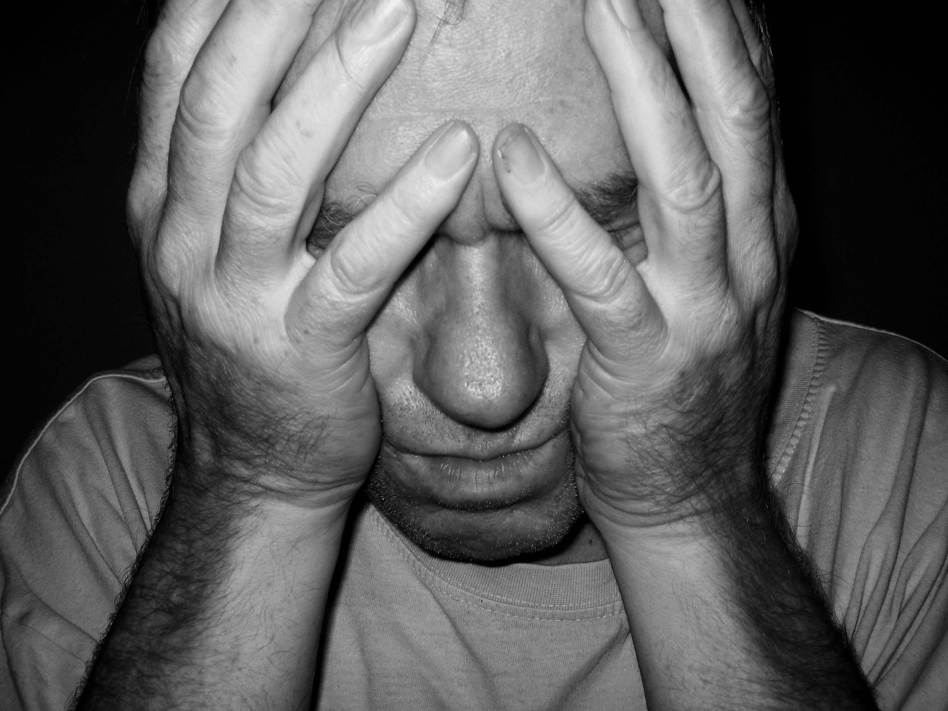 shirt, black background, face, adult, males, 2K, studio shot, human finger, feelings, psychiatry, being alone, despair, kummer, hopelessness, loneliness, HD Wallpaper