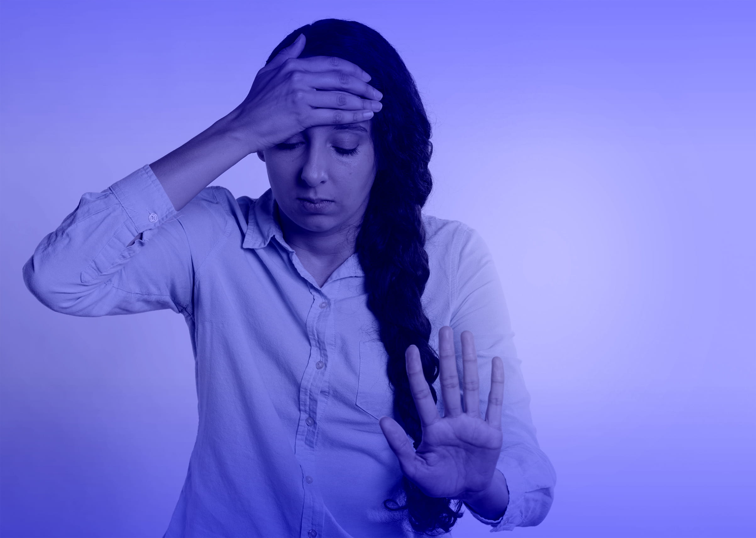 one person, front view, inflammation, sorrow, emotional, distress, hairstyle, clothing, stress, adult, blue background, lonely, pain, alone, soul, psychiatrist, HD Wallpaper
