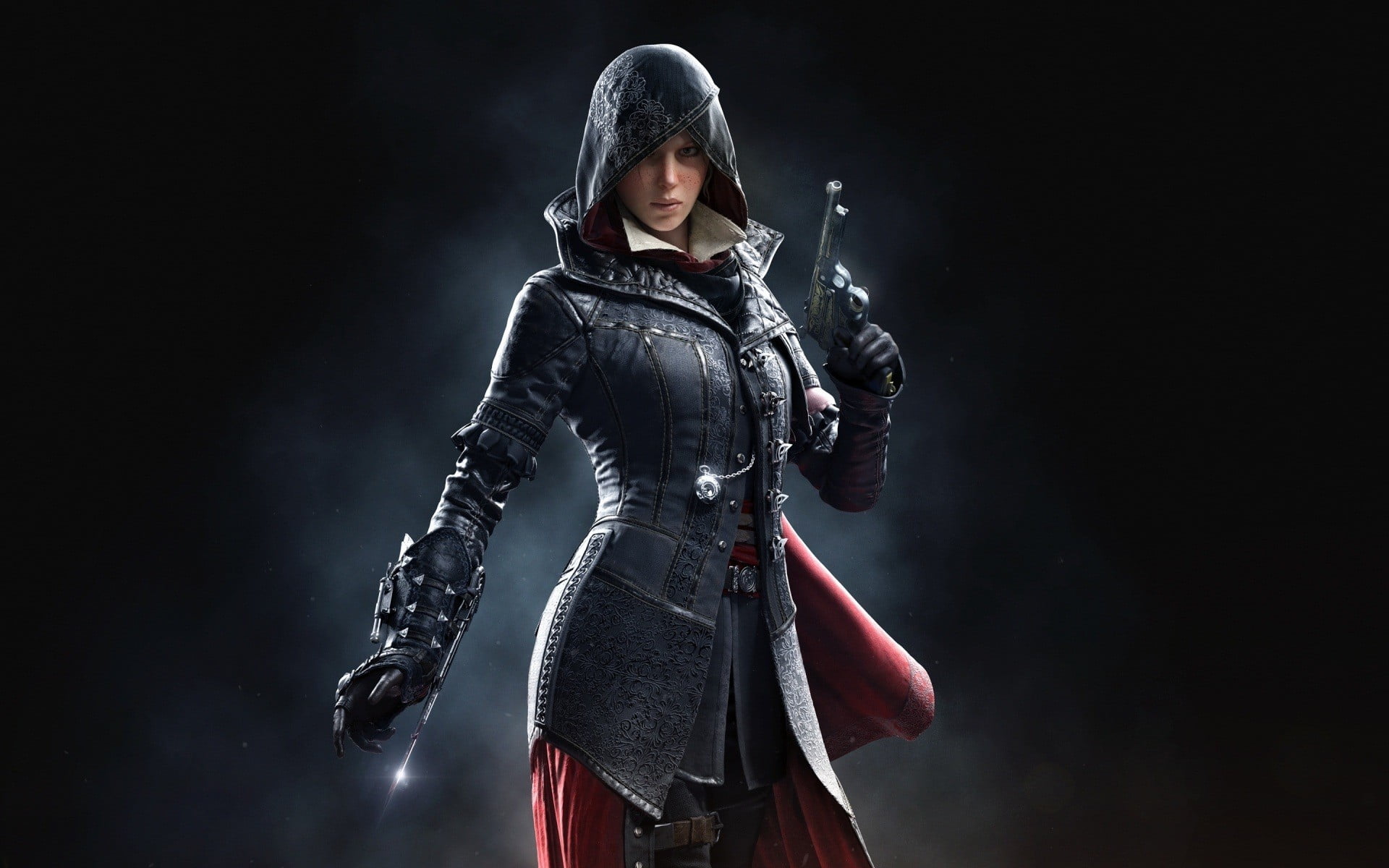 aggression, video games, sport,  Assassins Creed Syndicate, holding, one person, clothing, waist up, photo, protection, standing, black background, woman, HD Wallpaper