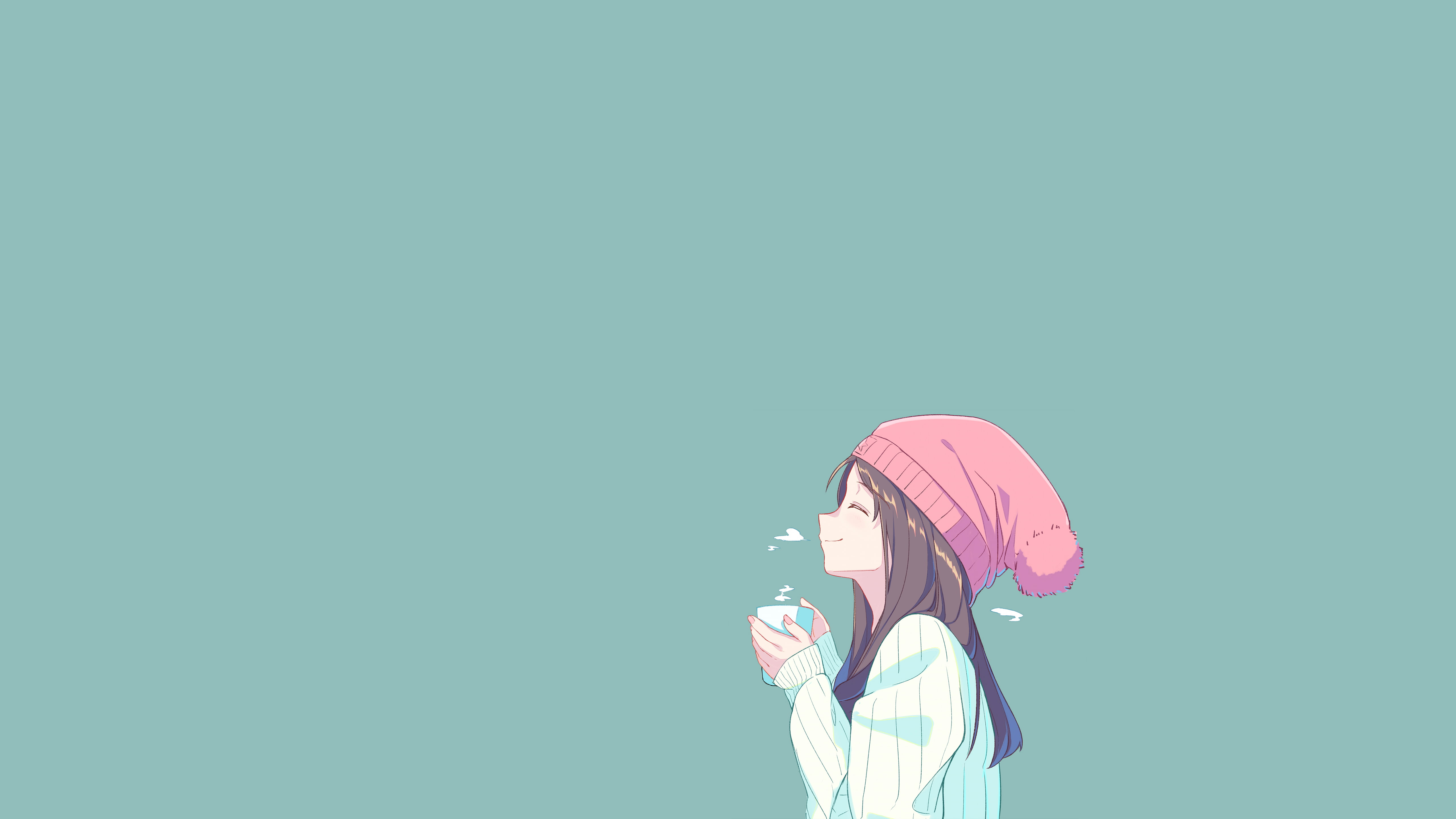 cup, anime girls, coffee, 5K, turquise, cold, brunette, minimalism, winter, anime, closed eyes, hat, HD Wallpaper