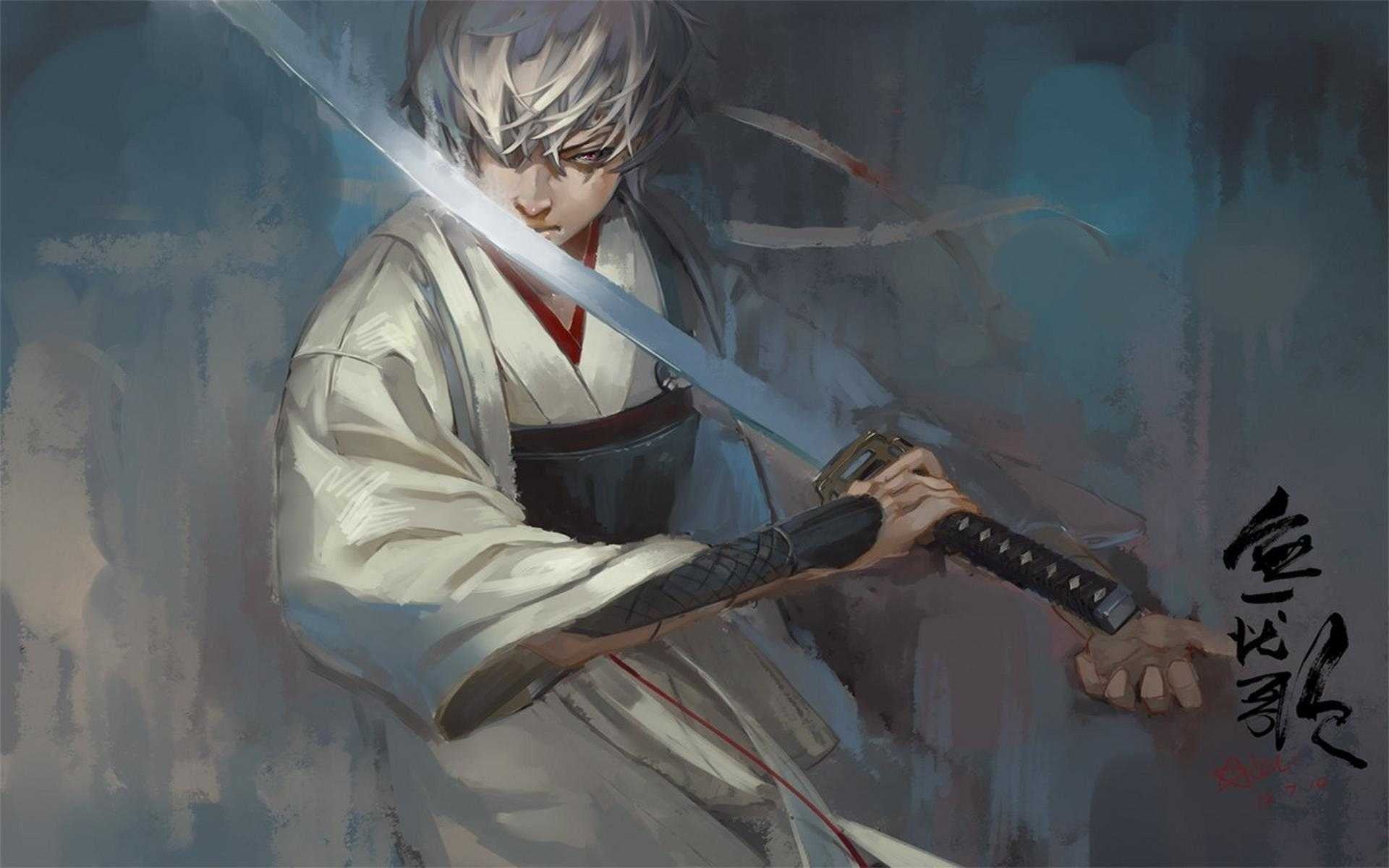 indoors, 1080P, musical instrument, real people, music, childhood, weapon, gintoki, child, painting, innocence, males, samurai, Gintama, lifestyles, anime boys, HD Wallpaper