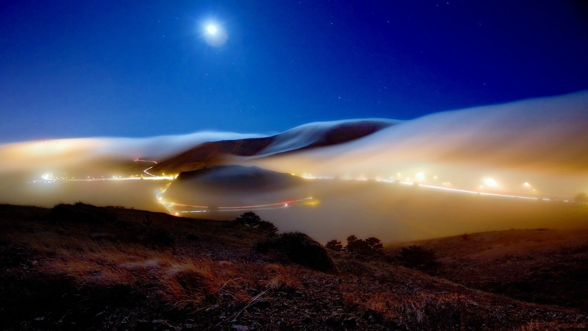 astronomy, night, tranquil scene, no people, outdoors, environment, star - space, 1080P, mist, sky, street light, mountain, space, nature, non-urban scene, HD Wallpaper