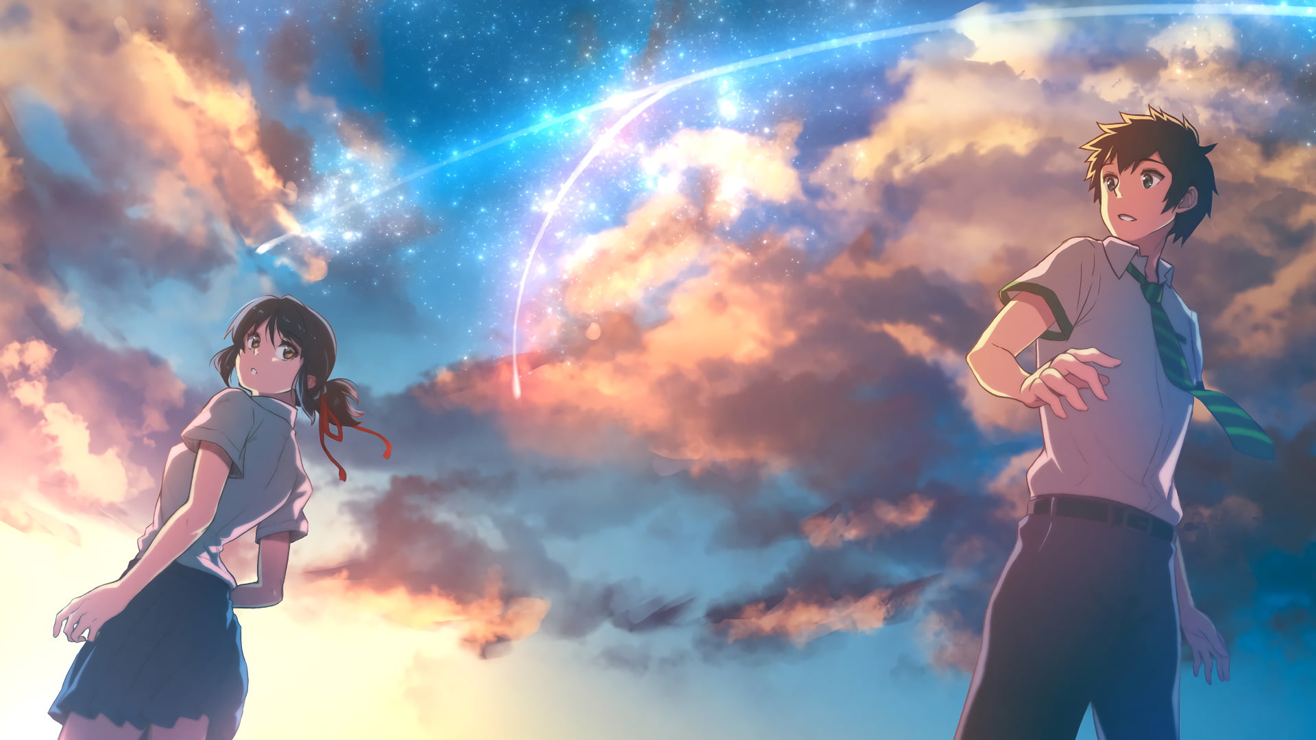 Anime, side view, name, people, leisure activity, Your Name., females, nature, Taki Tachibana, teenager, outdoors, cloud - sky, three quarter length, real people, HD Wallpaper