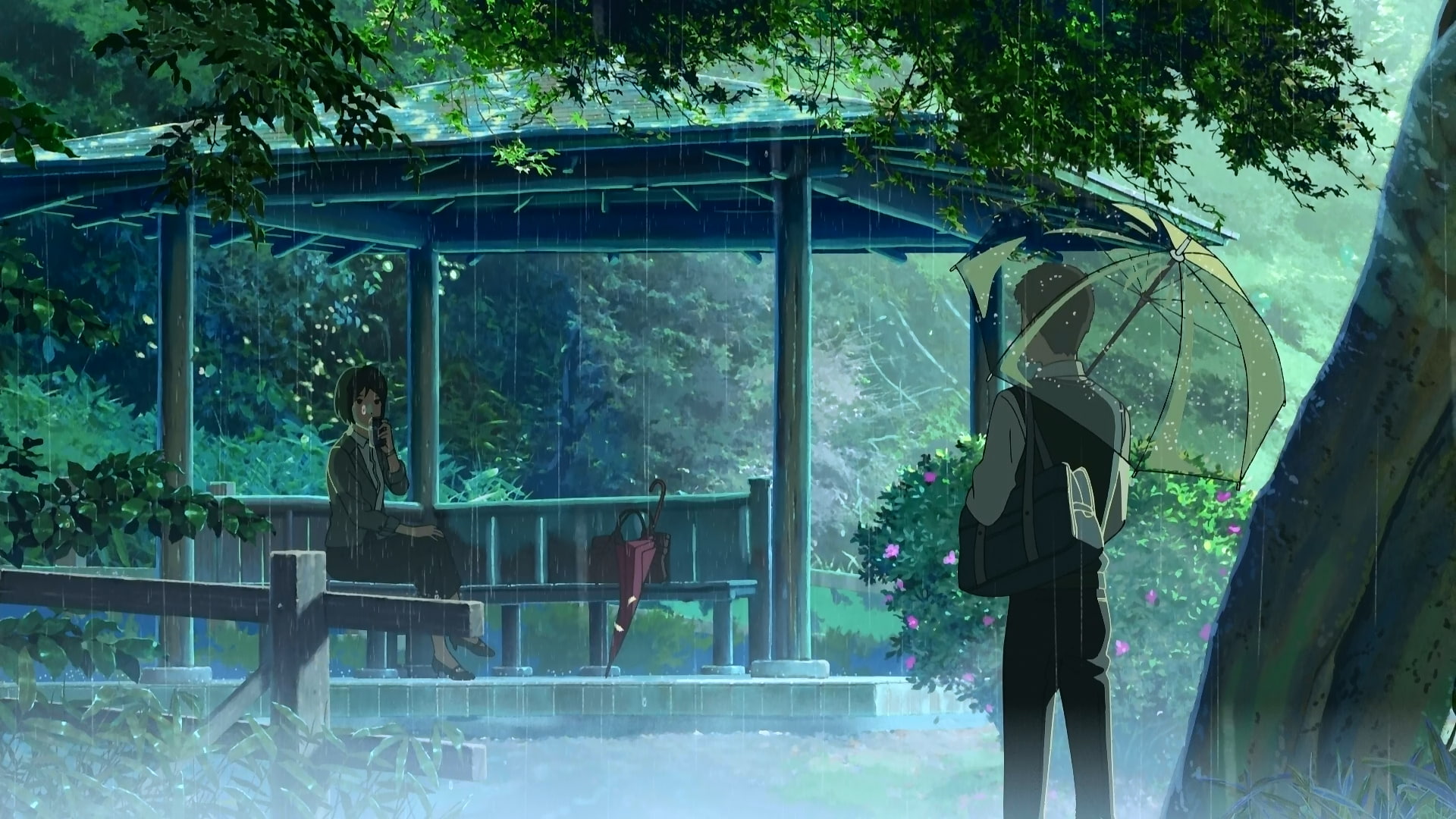 Makoto Shinkai, gazebo, rain, anime, 1080P, Akizuki Takao, umbrella, The Garden of Words, Yukino Yukari, HD Wallpaper