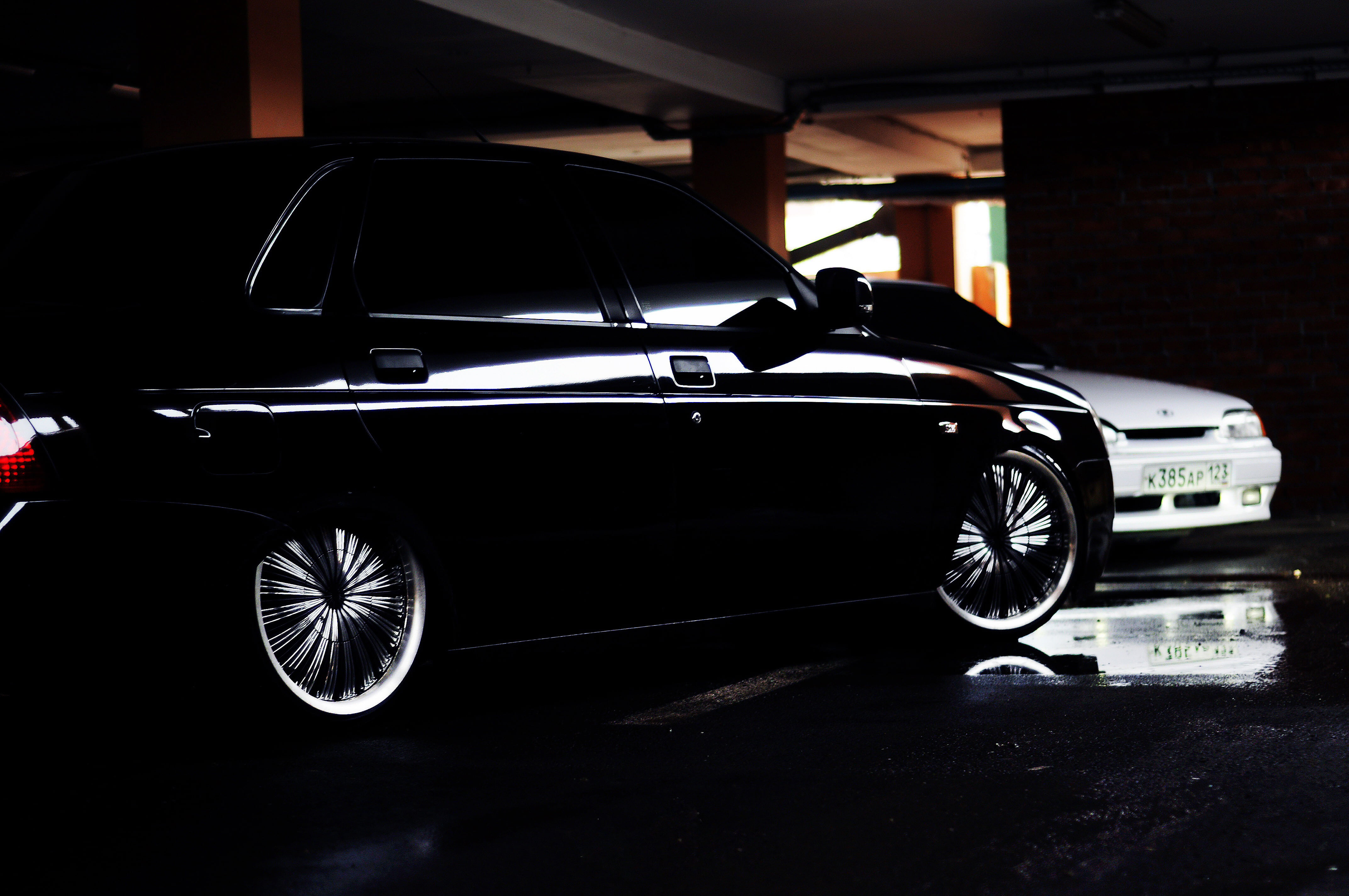 luxury, editorial, black Color, no People, sedan, reflection, mode of transportation, transportation, 4K, Priora, stance, street, 2115, shiny, architecture, HD Wallpaper